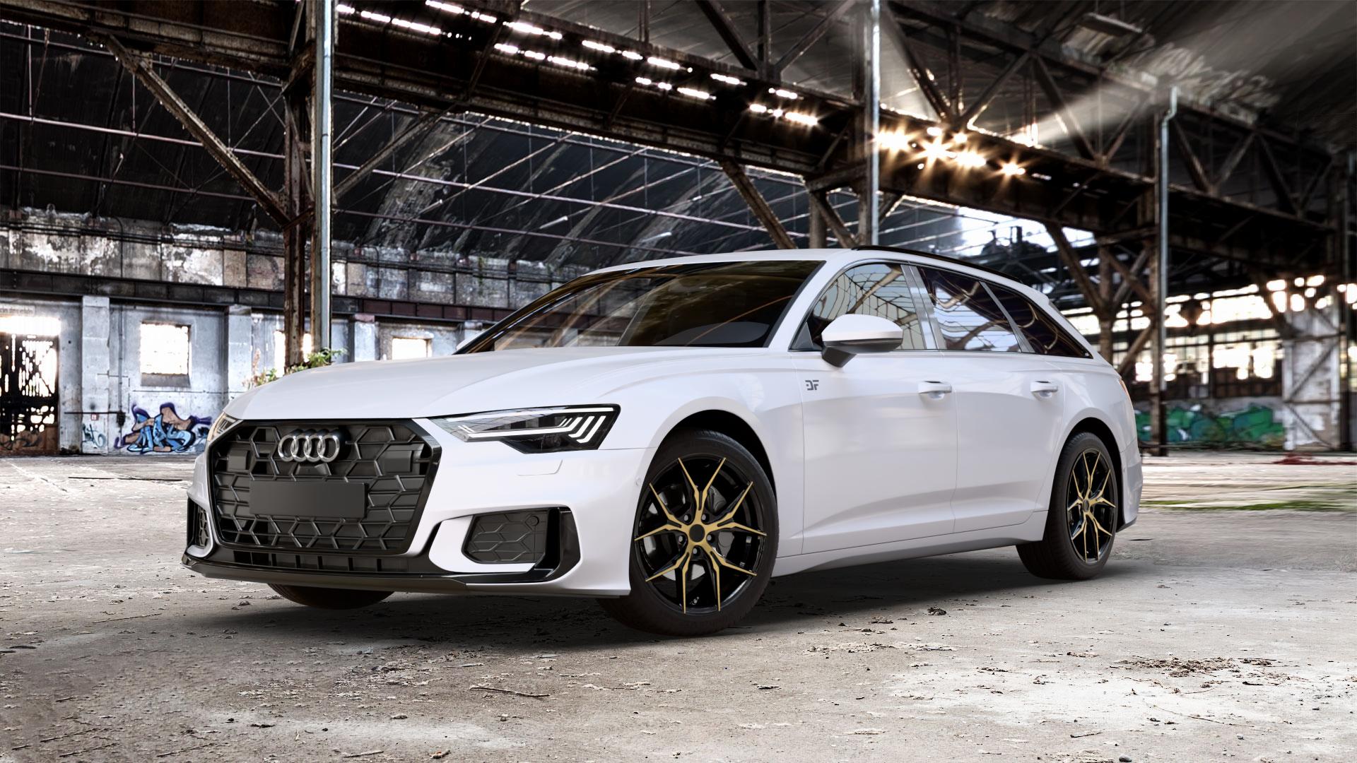 KESKIN KT19N BLACK FRONT GOLD Felge mit Reifen schwarz in 19Zoll Winterfelge Alufelge auf weissem Audi A6 Typ F2/C8 (Avant) Facelift 2,0l 35 TDI 120kW Mild-Hybrid (163 PS) 40 150kW (204 quattro TFSI 3,0l 45 180kW (245 195kW (265 50 210kW (286 e Hybrid 55 250k ⬇️ mit 15mm Tieferlegung ⬇️ Old Industrial Hall_max_5300mm_2024 Frontansicht_1