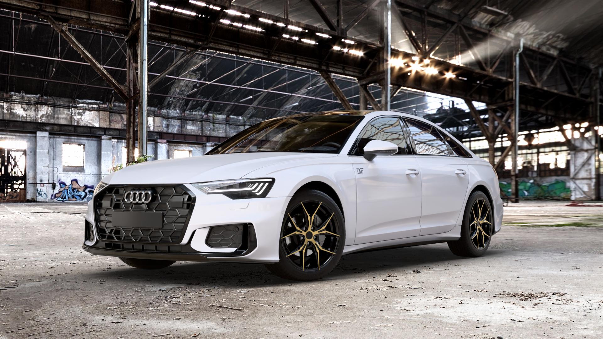 KESKIN KT19N BLACK FRONT GOLD Felge mit Reifen schwarz in 19Zoll Winterfelge Alufelge auf weissem Audi A6 Typ F2/C8 (Limousine) Facelift ⬇️ mit 15mm Tieferlegung ⬇️ Old Industrial Hall_max_5300mm_2024 Frontansicht_1