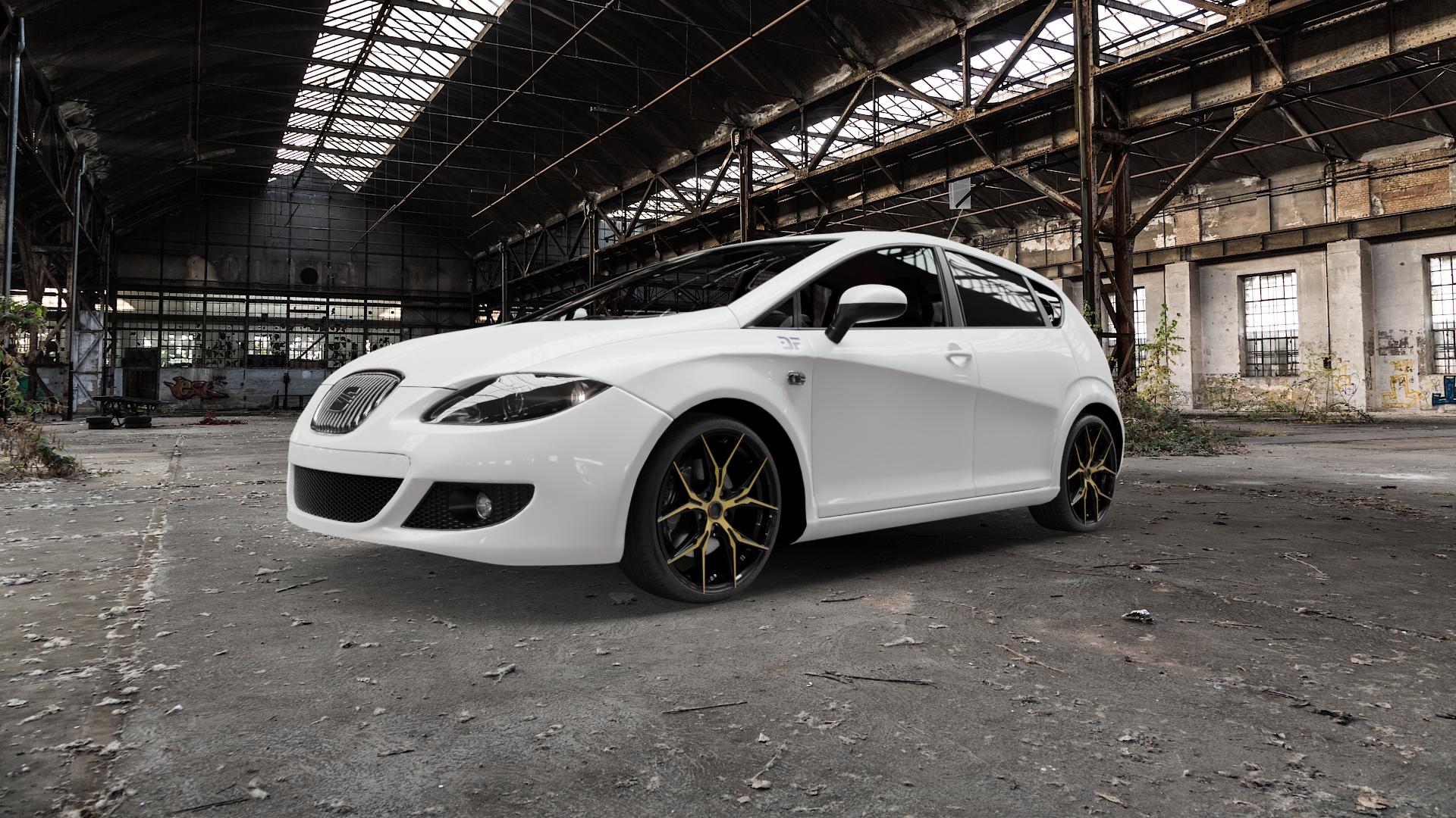 KESKIN KT19N BLACK FRONT GOLD Felge mit Reifen schwarz in 19Zoll Winterfelge Alufelge auf weissem Seat Leon Typ 1P ⬇️ mit 15mm Tieferlegung ⬇️ Old Industrial Hall_max5000mm_2022 Frontansicht_1