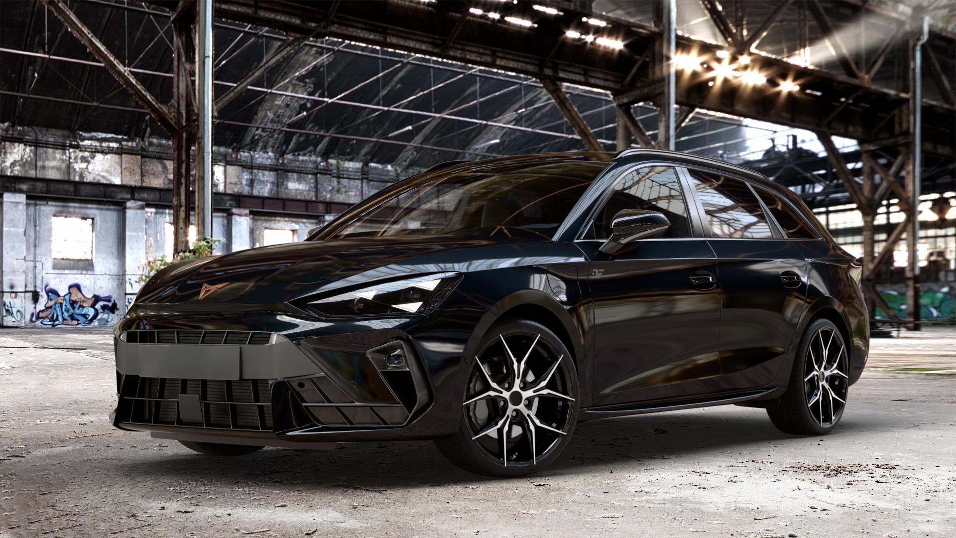 KESKIN KT19N BLACK FRONT POLISH Felge mit Reifen schwarz in 19Zoll Winterfelge Alufelge auf metallic schwarzem Cupra Leon Typ KL ST Facelift ⬇️ mit 15mm Tieferlegung ⬇️ Old Industrial Hall_max_4400mm_2024 Frontansicht_1