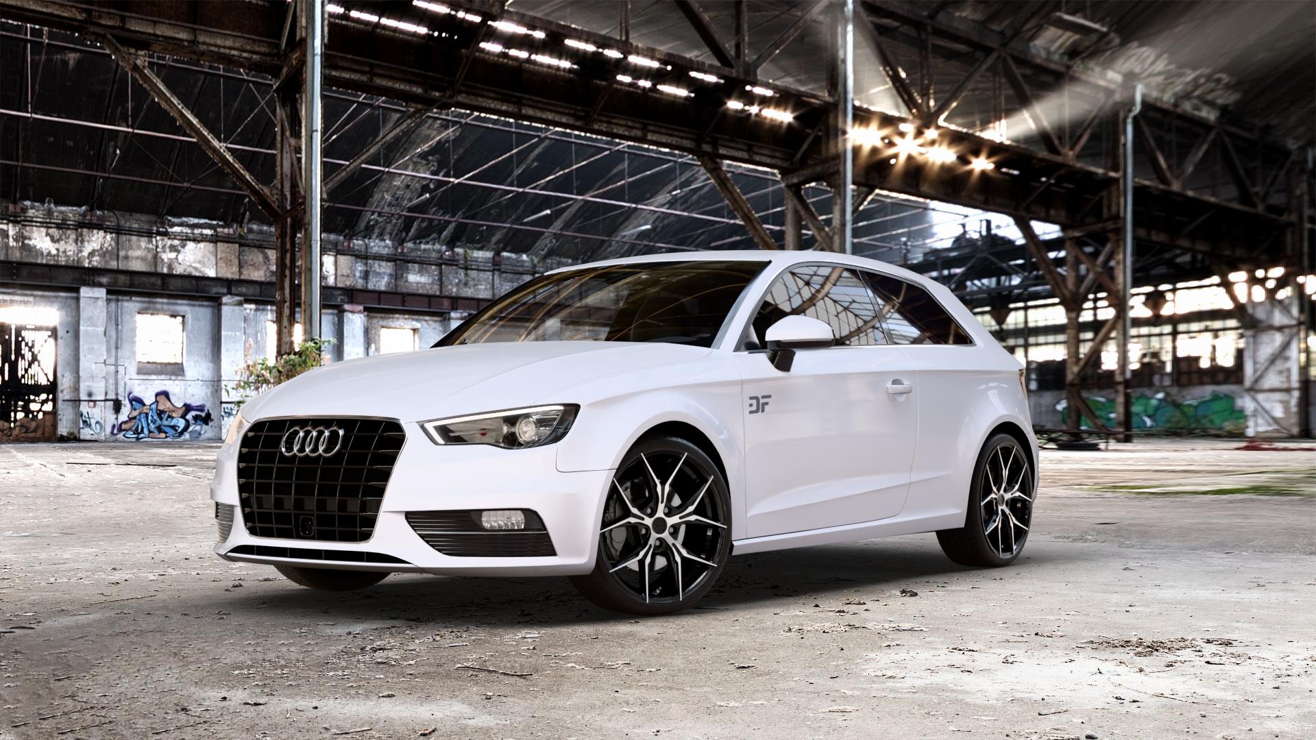 KESKIN KT19N BLACK FRONT POLISH Felge mit Reifen schwarz in 19Zoll Winterfelge Alufelge auf weissem Audi A3 Typ 8V ⬇️ mit 15mm Tieferlegung ⬇️ Old Industrial Hall_max_5300mm_2024 Frontansicht_1