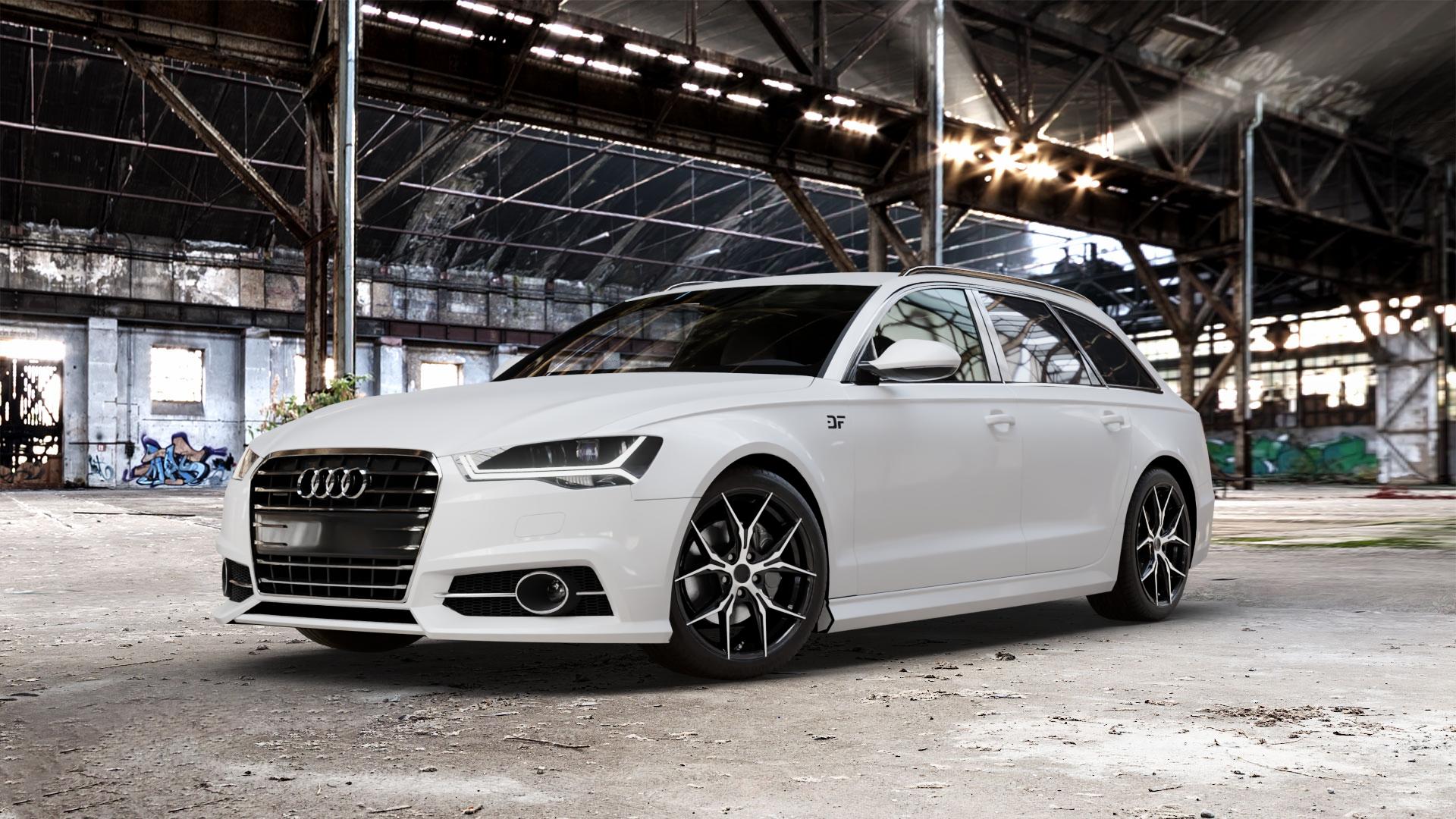 KESKIN KT19N BLACK FRONT POLISH Felge mit Reifen schwarz in 19Zoll Winterfelge Alufelge auf weissem Audi A6 Typ 4G/C7 (Avant) Facelift ⬇️ mit 15mm Tieferlegung ⬇️ Old Industrial Hall_max_5300mm_2024 Frontansicht_1