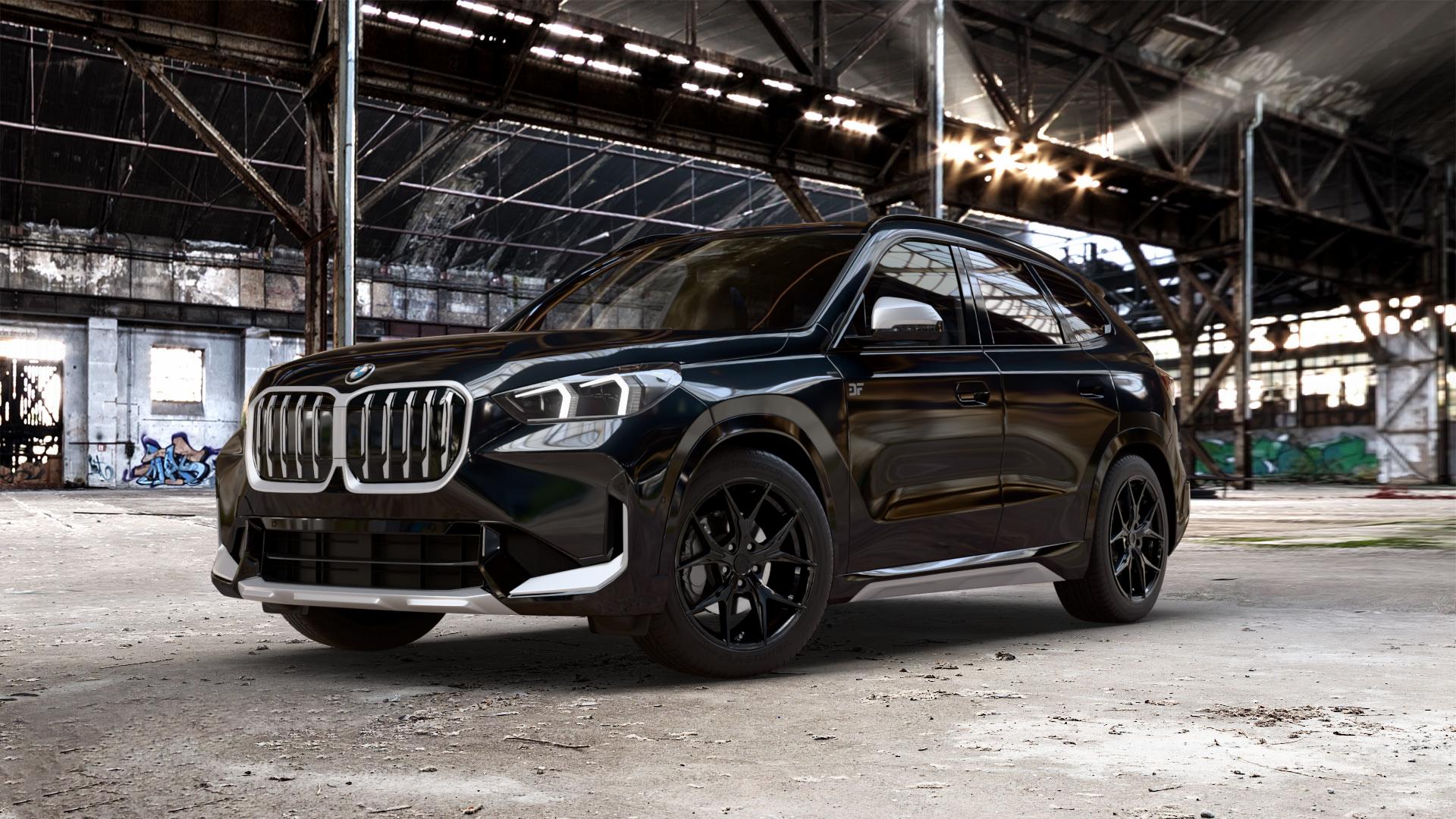 KESKIN KT19N BLACK PAINTED Felge mit Reifen schwarz in 19Zoll Winterfelge Alufelge auf schwarzem metallic BMW X1 Typ U11 (U1X) ⬇️ mit 15mm Tieferlegung ⬇️ Old Industrial Hall_max_5300mm_2024 Frontansicht_1