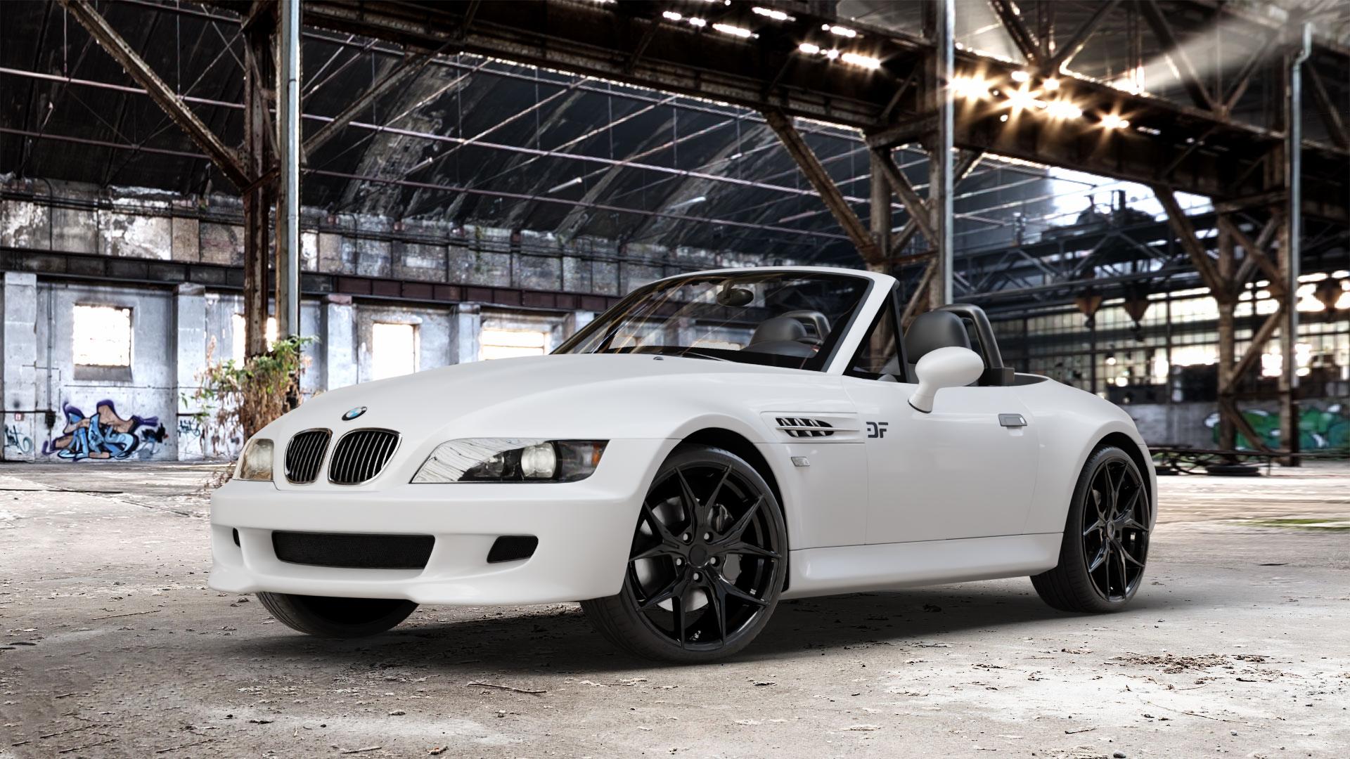 KESKIN KT19N BLACK PAINTED Felge mit Reifen schwarz in 19Zoll Winterfelge Alufelge auf weissem BMW Z3 Roadster Typ E36/7(S) (R/C) ⬇️ mit 15mm Tieferlegung ⬇️ Old Industrial Hall_max_4400mm_2024 Frontansicht_1