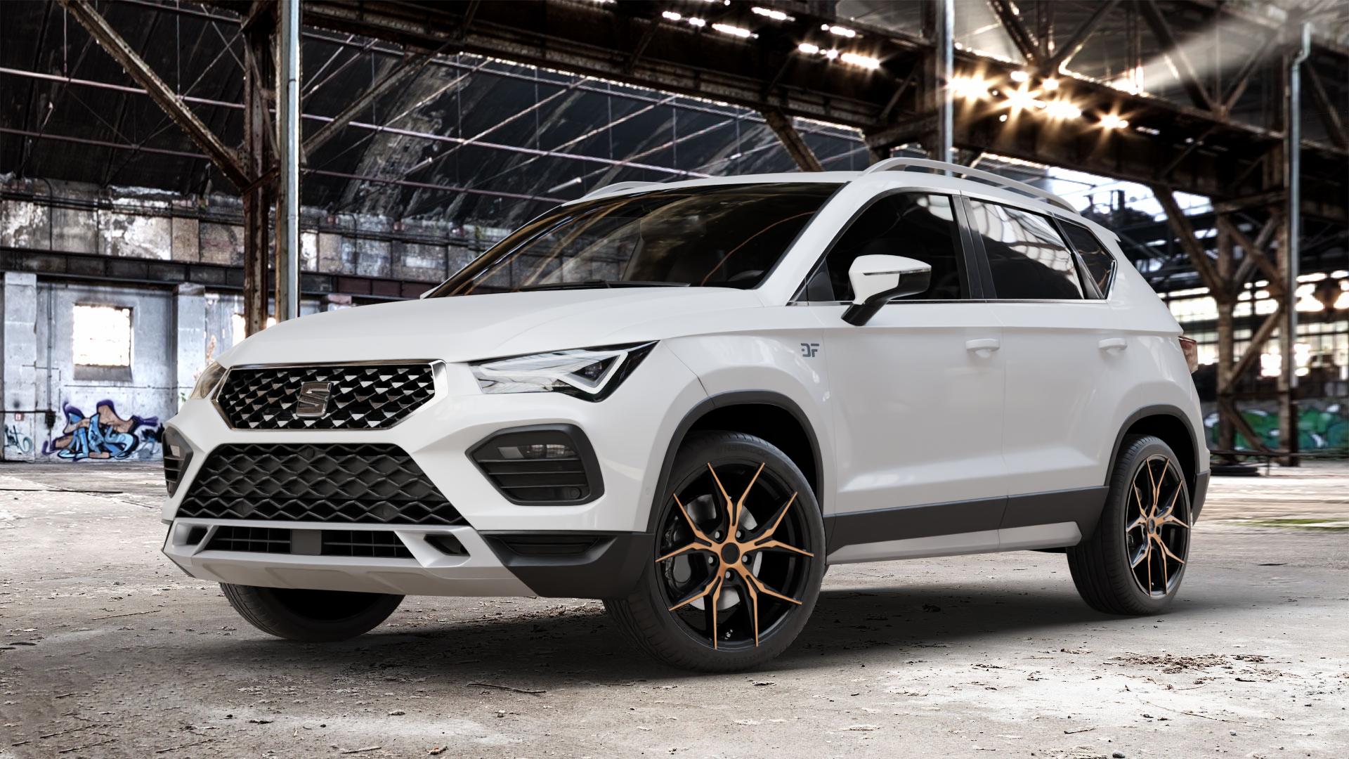 KESKIN KT19N MATT BLACK FRONT COPPER Felge mit Reifen schwarz in 19Zoll Winterfelge Alufelge auf weissem Seat Ateca Typ 5FP Facelift ⬇️ mit 15mm Tieferlegung ⬇️ Old Industrial Hall_max_4400mm_2024 Frontansicht_1