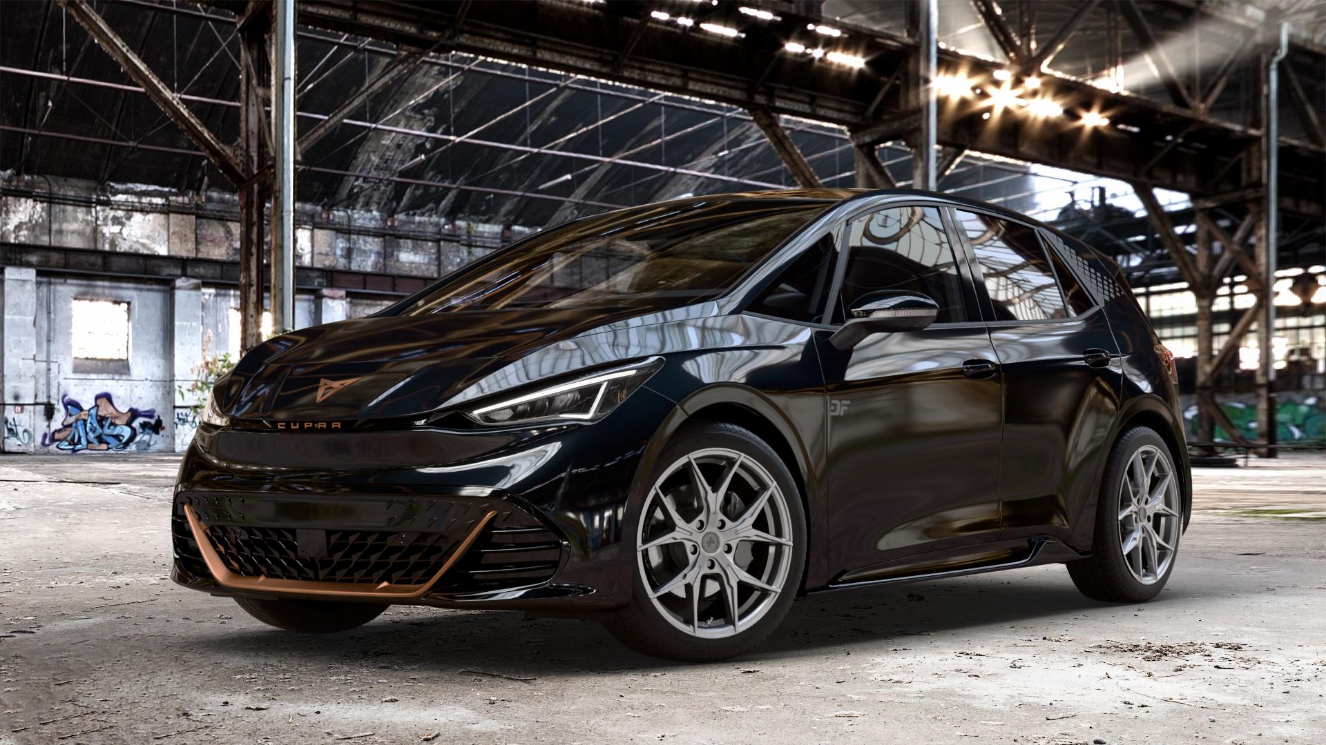 KESKIN KT19N PALLADIUM PAINTED Felge mit Reifen in 19Zoll Winterfelge Alufelge auf metallic schwarzem Cupra Born Typ K1 ⬇️ mit 15mm Tieferlegung ⬇️ Old Industrial Hall_max_4400mm_2024 Frontansicht_1
