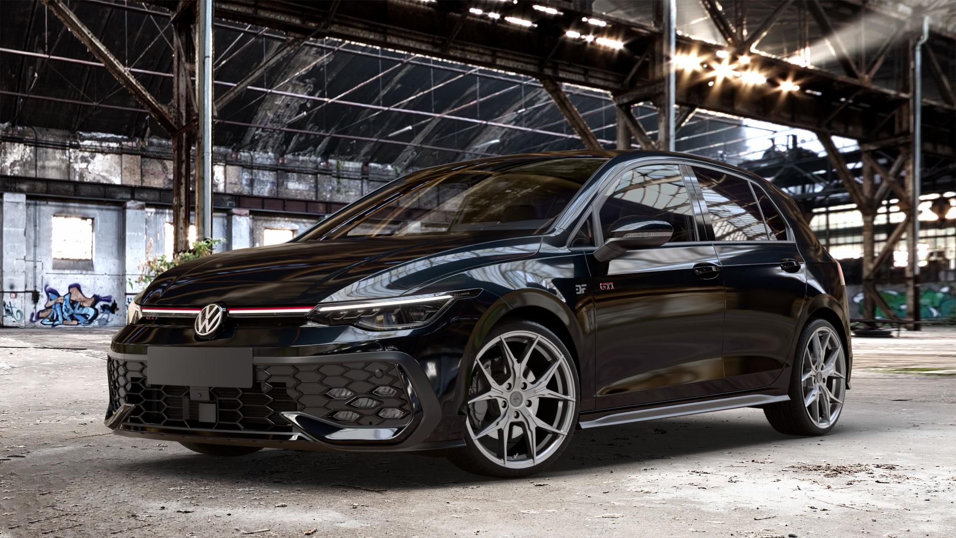 KESKIN KT19N PALLADIUM PAINTED Felge mit Reifen in 19Zoll Winterfelge Alufelge auf metallic schwarzem Volkswagen (VW) Golf 8 Facelift 2,0l GTI 195kW (265 PS) ⬇️ mit 15mm Tieferlegung ⬇️ Old Industrial Hall_max_4400mm_2024 Frontansicht_1