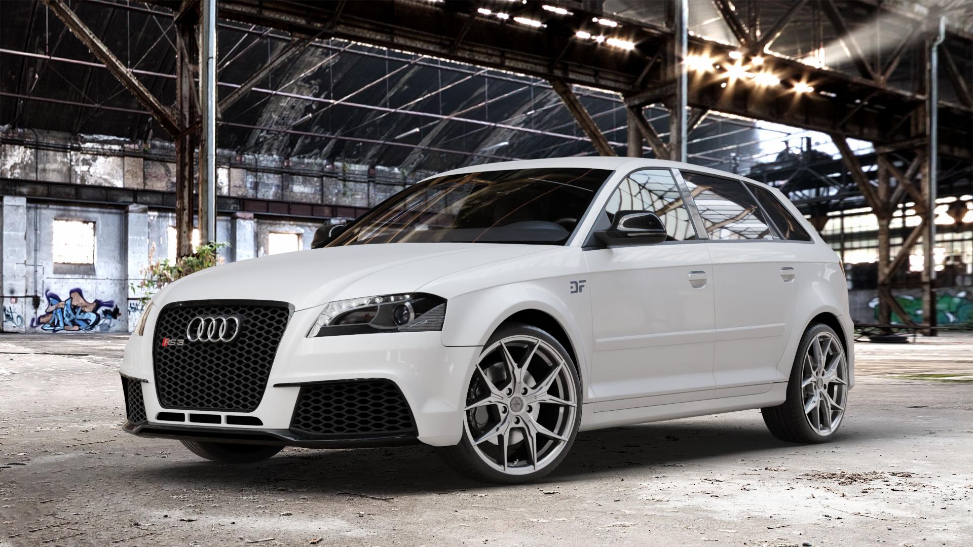 KESKIN KT19N PALLADIUM PAINTED Felge mit Reifen in 19Zoll Winterfelge Alufelge auf weissem Audi A3 Typ 8P (Sportback) 2,5l RS3 quattro 250kW (340 PS) ⬇️ mit 15mm Tieferlegung ⬇️ Old Industrial Hall_max_4400mm_2024 Frontansicht_1