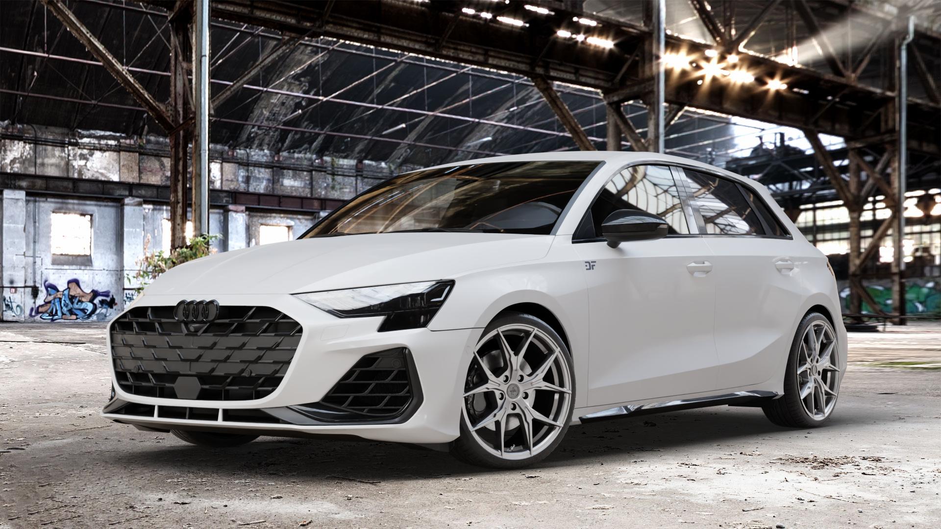 KESKIN KT19N PALLADIUM PAINTED Felge mit Reifen in 19Zoll Winterfelge Alufelge auf weissem Audi A3 Typ GY (Sportback) Facelift 2,0l TFSI quattro 245kW S3 (333 PS) ⬇️ mit 15mm Tieferlegung ⬇️ Old Industrial Hall_max_4400mm_2024 Frontansicht_1