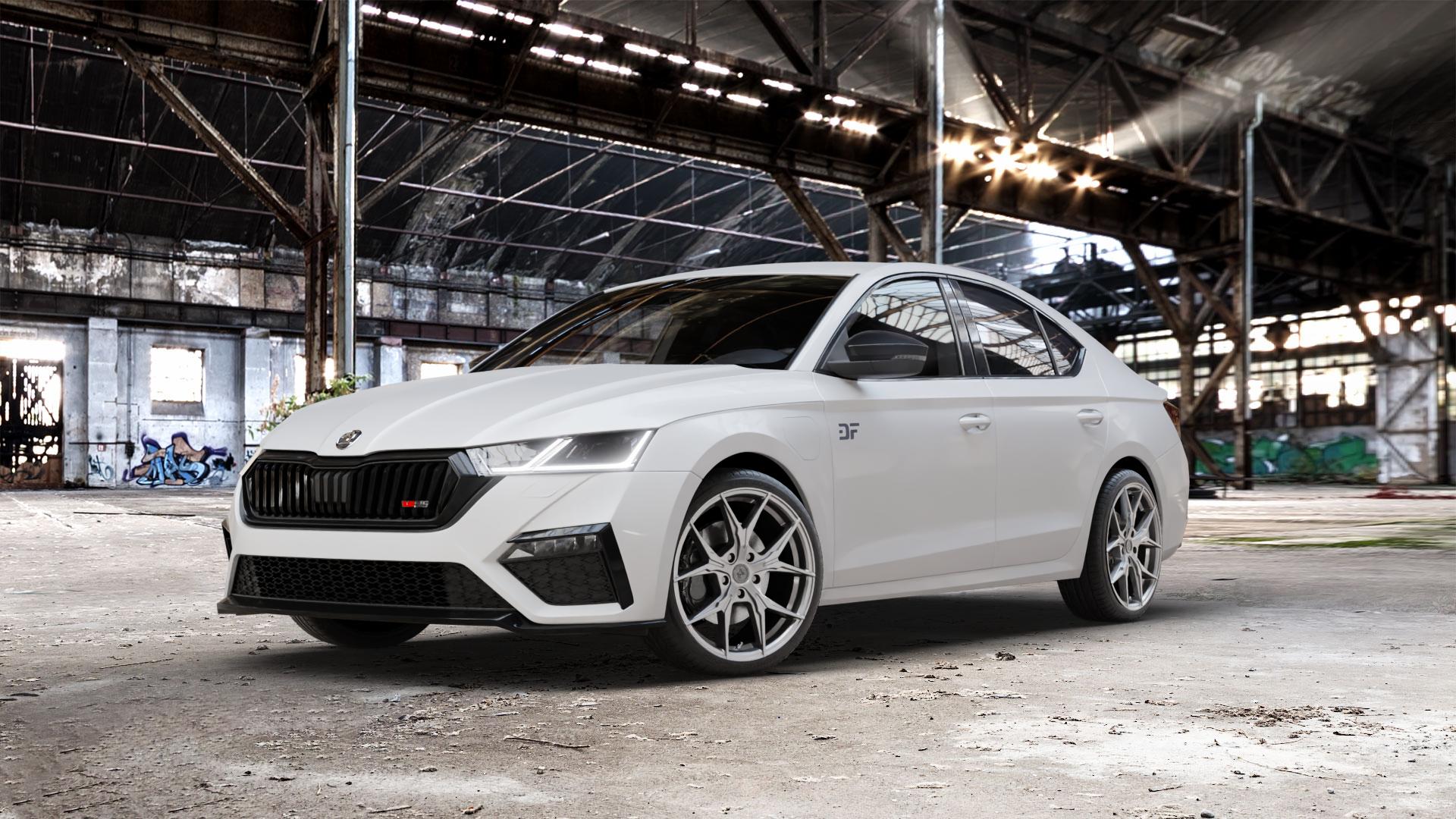 KESKIN KT19N PALLADIUM PAINTED Felge mit Reifen in 19Zoll Winterfelge Alufelge auf weissem Skoda Octavia IV Limousine Typ NX 2,0l TDI 4x4 147kW (200 PS) TSI 180kW RS (245 1,4l 110kW Hybrid (150 ⬇️ mit 15mm Tieferlegung ⬇️ Old Industrial Hall_max_5300mm_2024 Frontansicht_1