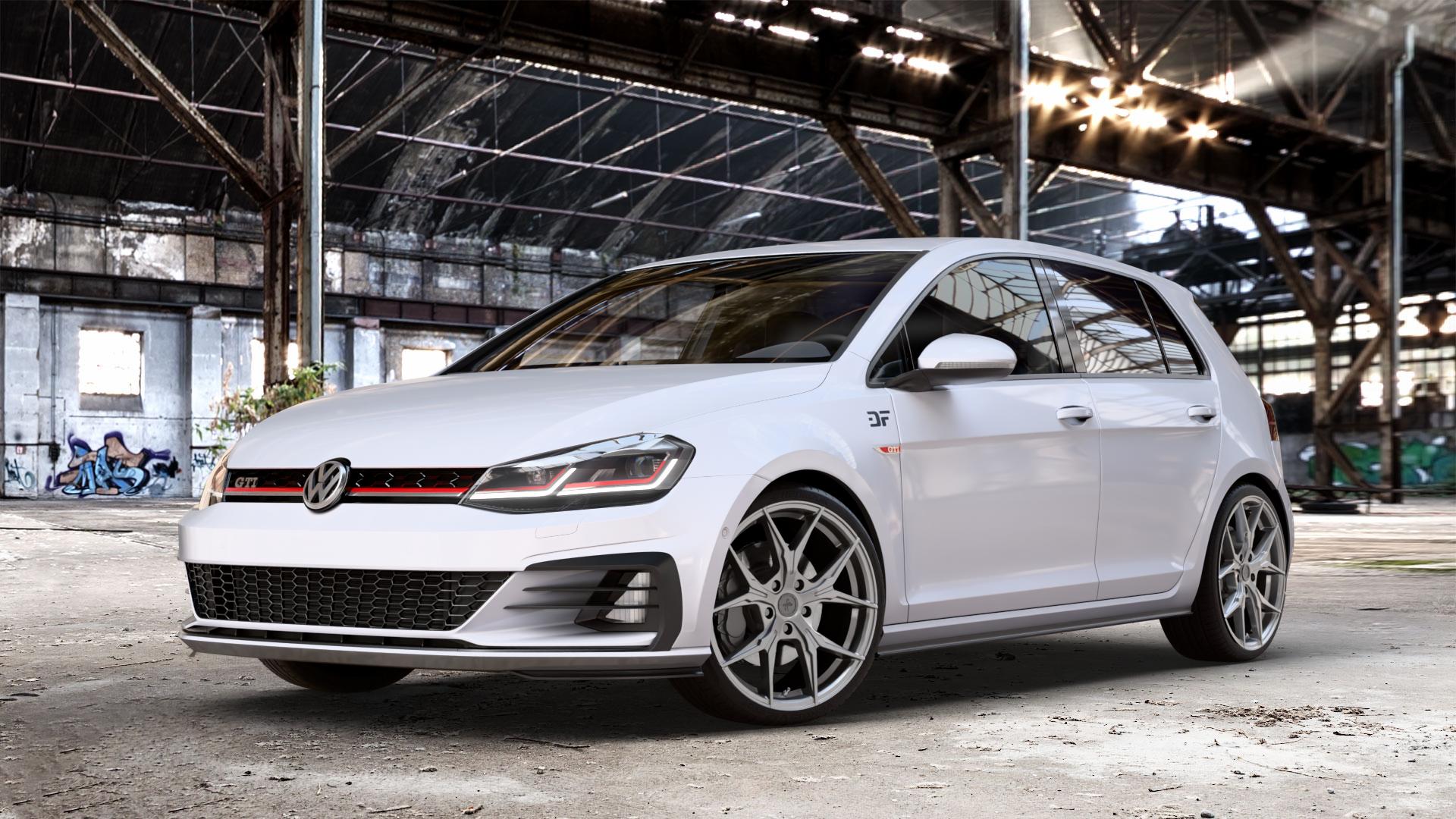 KESKIN KT19N PALLADIUM PAINTED Felge mit Reifen in 19Zoll Winterfelge Alufelge auf weissem unilack Volkswagen (VW) Golf 7 Facelift 2,0l GTI Performance 180kW (245 PS) 169kW (230 ⬇️ mit 15mm Tieferlegung ⬇️ Old Industrial Hall_max_4400mm_2024 Frontansicht_1