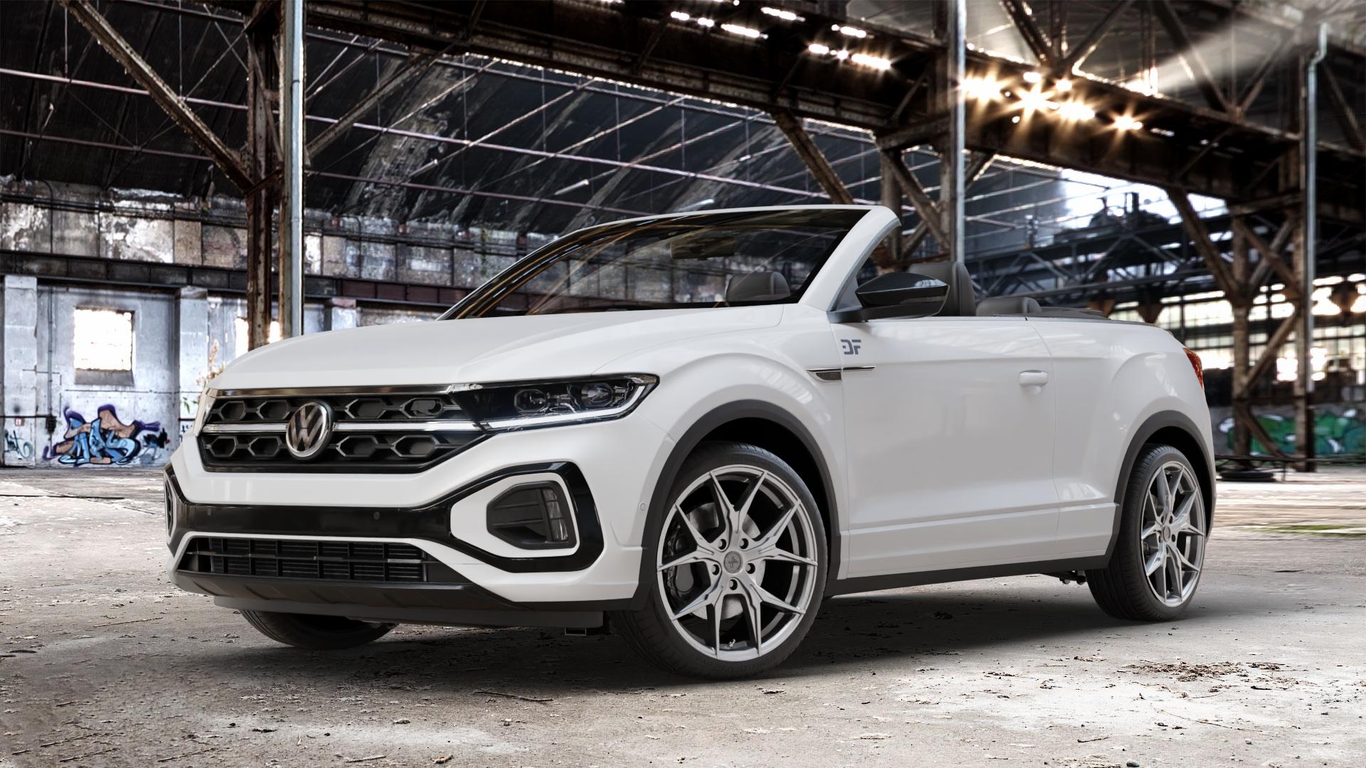 KESKIN KT19N PALLADIUM PAINTED Felge mit Reifen in 19Zoll Winterfelge Alufelge auf weissem Volkswagen (VW) T-Roc Cabrio Facelift ⬇️ mit 15mm Tieferlegung ⬇️ Old Industrial Hall_max_4400mm_2024 Frontansicht_1