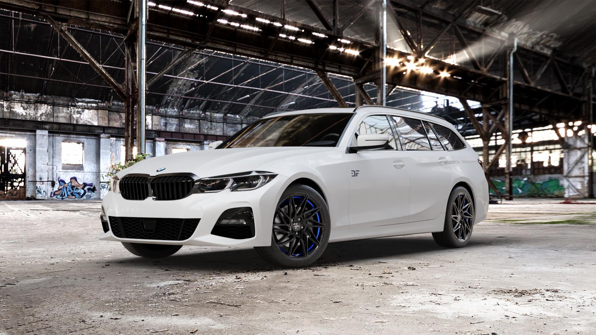 KESKIN KT20 BLACK PAINTED BLUE INSIDE Felge mit Reifen schwarz blau in 18Zoll Winterfelge Alufelge auf weissem BMW 3er G21 Touring (G3K) ⬇️ mit 15mm Tieferlegung ⬇️ Old Industrial Hall_max_5300mm_2024 Frontansicht_1
