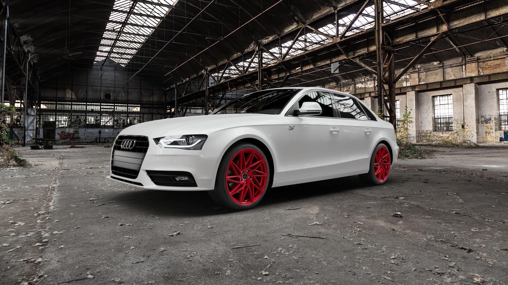 KESKIN KT20 CANDY RED Felge mit Reifen rot in 19Zoll Winterfelge Alufelge auf weissem Audi A4 Typ 8K2/B8 (Limousine) Facelift ⬇️ mit 15mm Tieferlegung ⬇️ Old Industrial Hall_max5000mm_2022 Frontansicht_1
