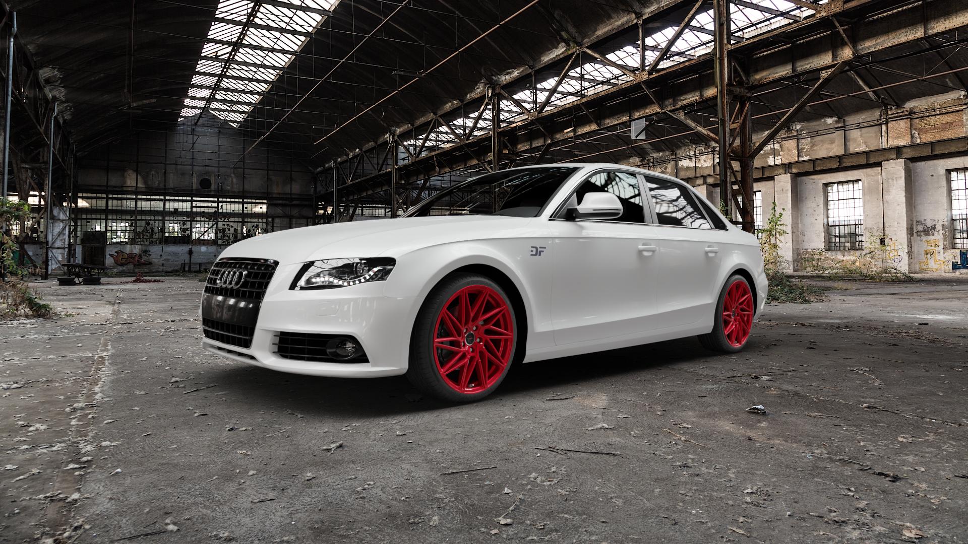 KESKIN KT20 CANDY RED Felge mit Reifen rot in 19Zoll Winterfelge Alufelge auf weissem Audi A4 Typ 8K2/B8 (Limousine) ⬇️ mit 15mm Tieferlegung ⬇️ Old Industrial Hall_max5000mm_2022 Frontansicht_1