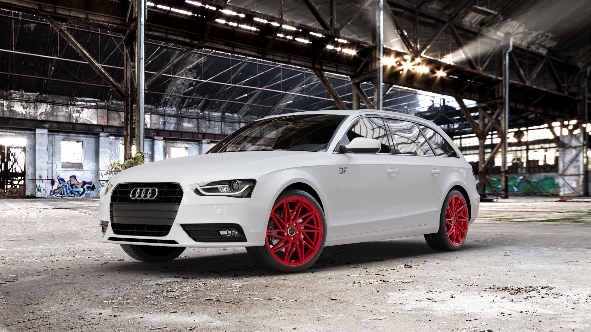 KESKIN KT20 CANDY RED Felge mit Reifen rot in 19Zoll Winterfelge Alufelge auf weissem Audi A4 Typ 8K5/B8 (Avant) Facelift ⬇️ mit 15mm Tieferlegung ⬇️ Old Industrial Hall_max_5300mm_2024 Frontansicht_1