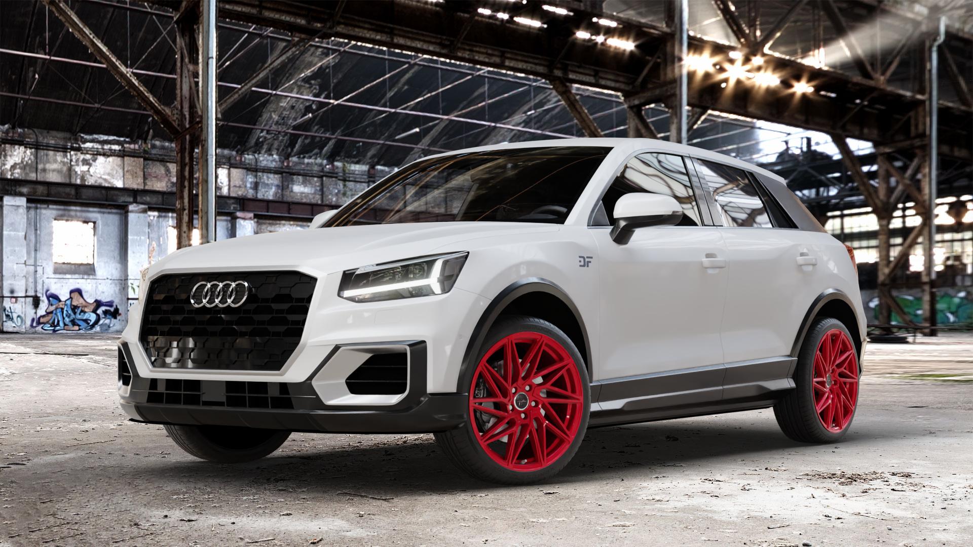 KESKIN KT20 CANDY RED Felge mit Reifen rot in 19Zoll Winterfelge Alufelge auf weissem Audi Q2 Typ GA ⬇️ mit 15mm Tieferlegung ⬇️ Old Industrial Hall_max_4400mm_2024 Frontansicht_1