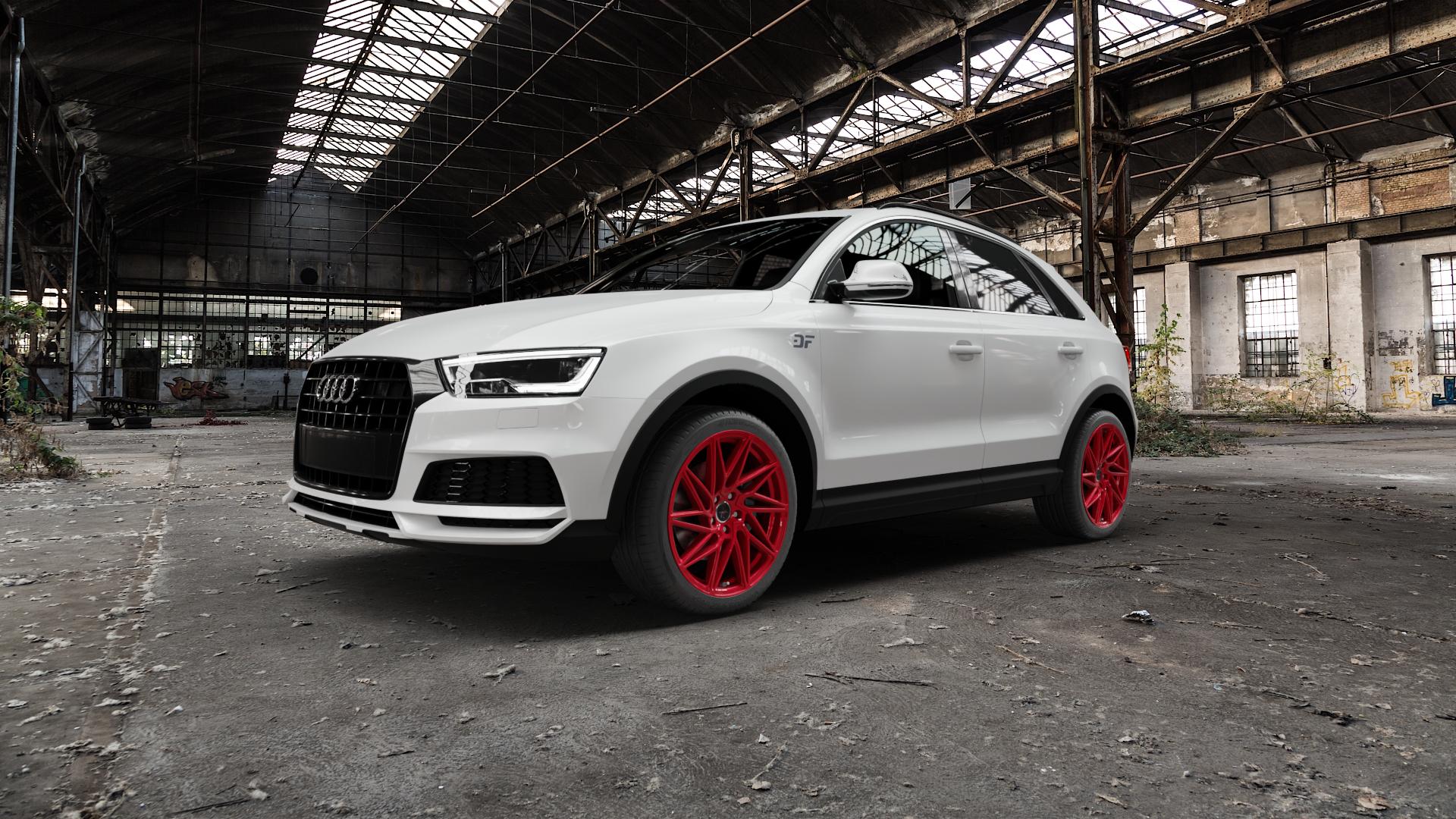 KESKIN KT20 CANDY RED Felge mit Reifen rot in 19Zoll Winterfelge Alufelge auf weissem Audi Q3 I Typ 8U Facelift ⬇️ mit 15mm Tieferlegung ⬇️ Old Industrial Hall_max5000mm_2022 Frontansicht_1