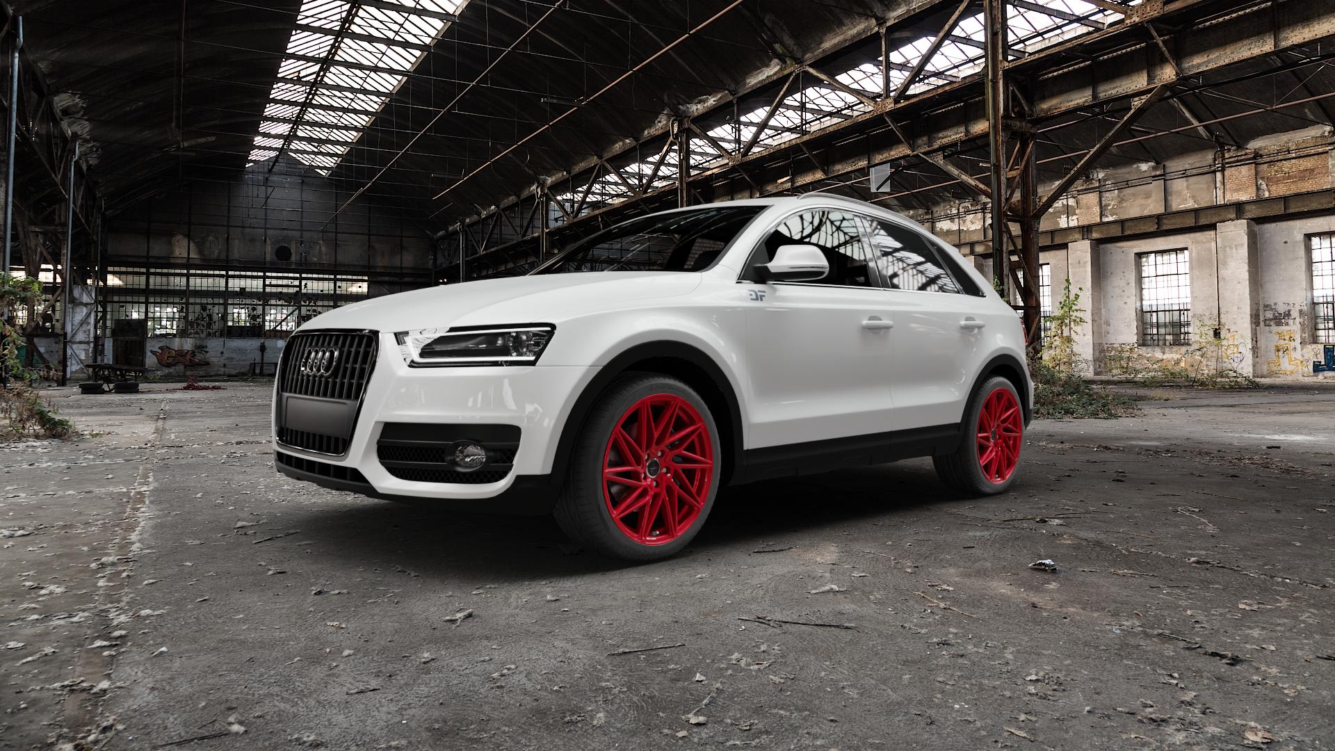 KESKIN KT20 CANDY RED Felge mit Reifen rot in 19Zoll Winterfelge Alufelge auf weissem Audi Q3 I Typ 8U ⬇️ mit 15mm Tieferlegung ⬇️ Old Industrial Hall_max5000mm_2022 Frontansicht_1