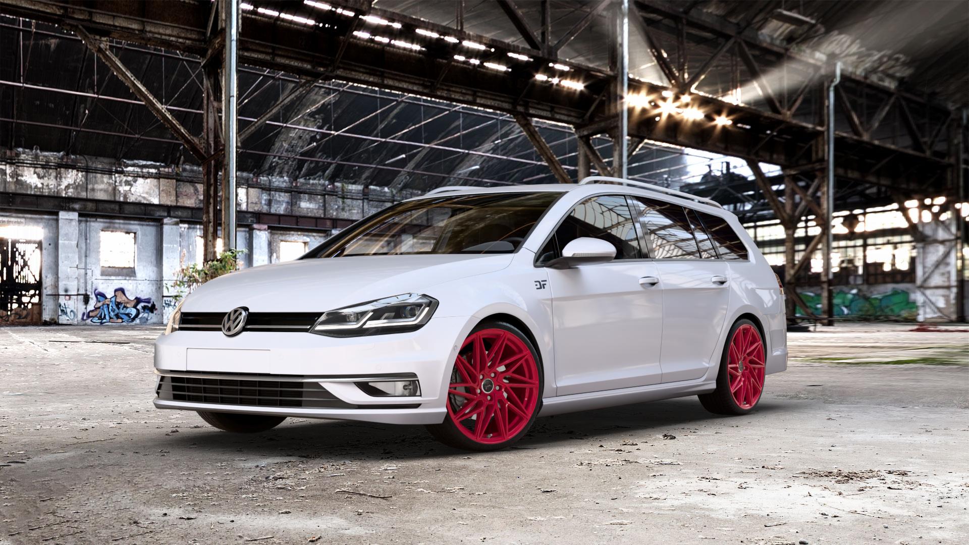 KESKIN KT20 CANDY RED Felge mit Reifen rot in 19Zoll Winterfelge Alufelge auf weissem unilack Volkswagen (VW) Golf 7 Variant Facelift ⬇️ mit 15mm Tieferlegung ⬇️ Old Industrial Hall_max_5300mm_2024 Frontansicht_1