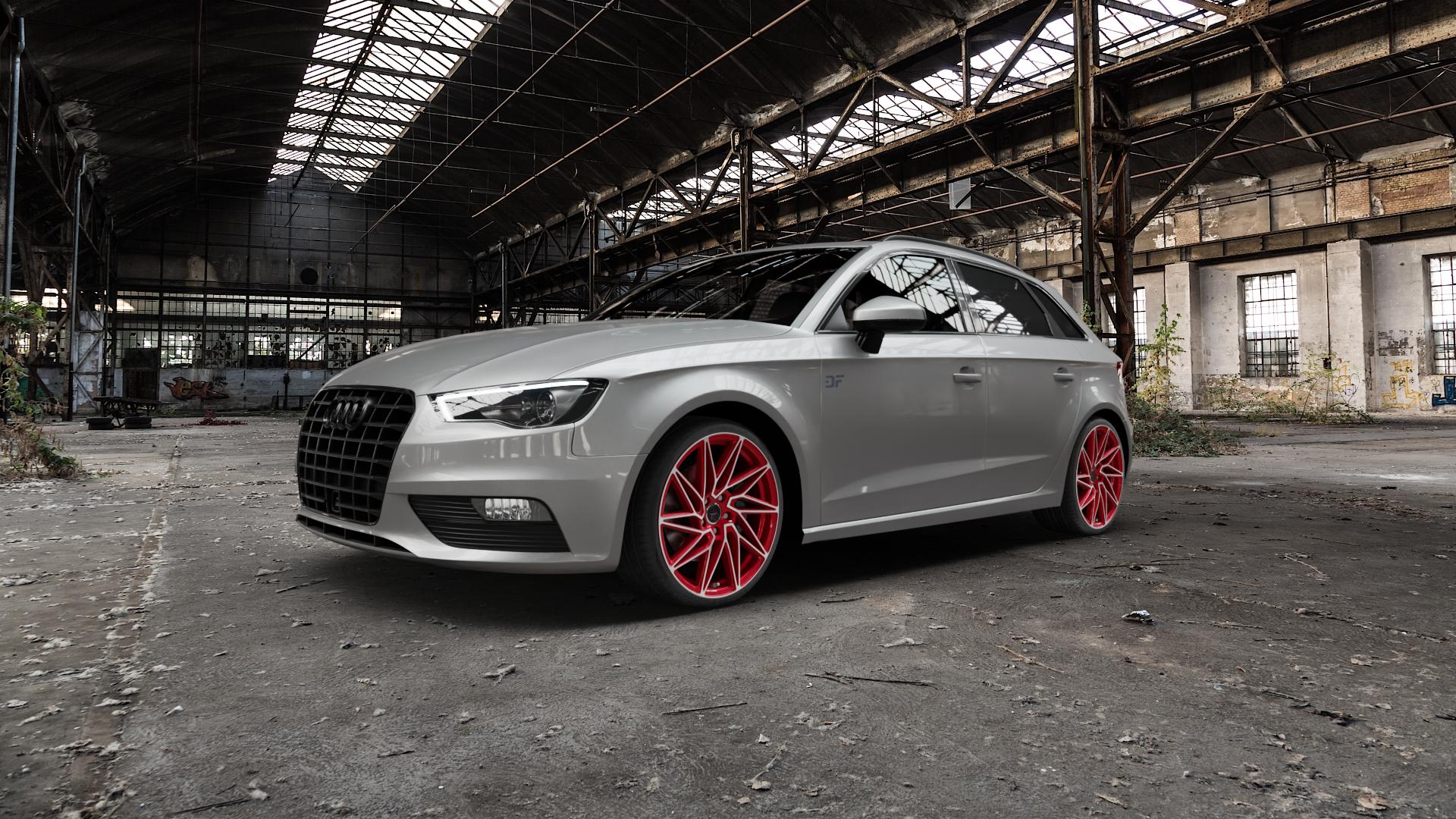KESKIN KT20 CANDY RED FRONT POLISH Felge mit Reifen rot in 19Zoll Winterfelge Alufelge auf silbernem Audi A3 Typ 8V (Sportback) 1,4l TFSI 90kW (122 PS) 1,8l 132kW (179 1,6l TDI 77kW (105 2,0l 110kW (150 quattro 221kW S3 (300 103kW (140 1,2l 135kW (184 81kW (110 ⬇️ mit 15mm Tieferlegung ⬇️ Old Industrial Hall_max5000mm_2022 Frontansicht_1