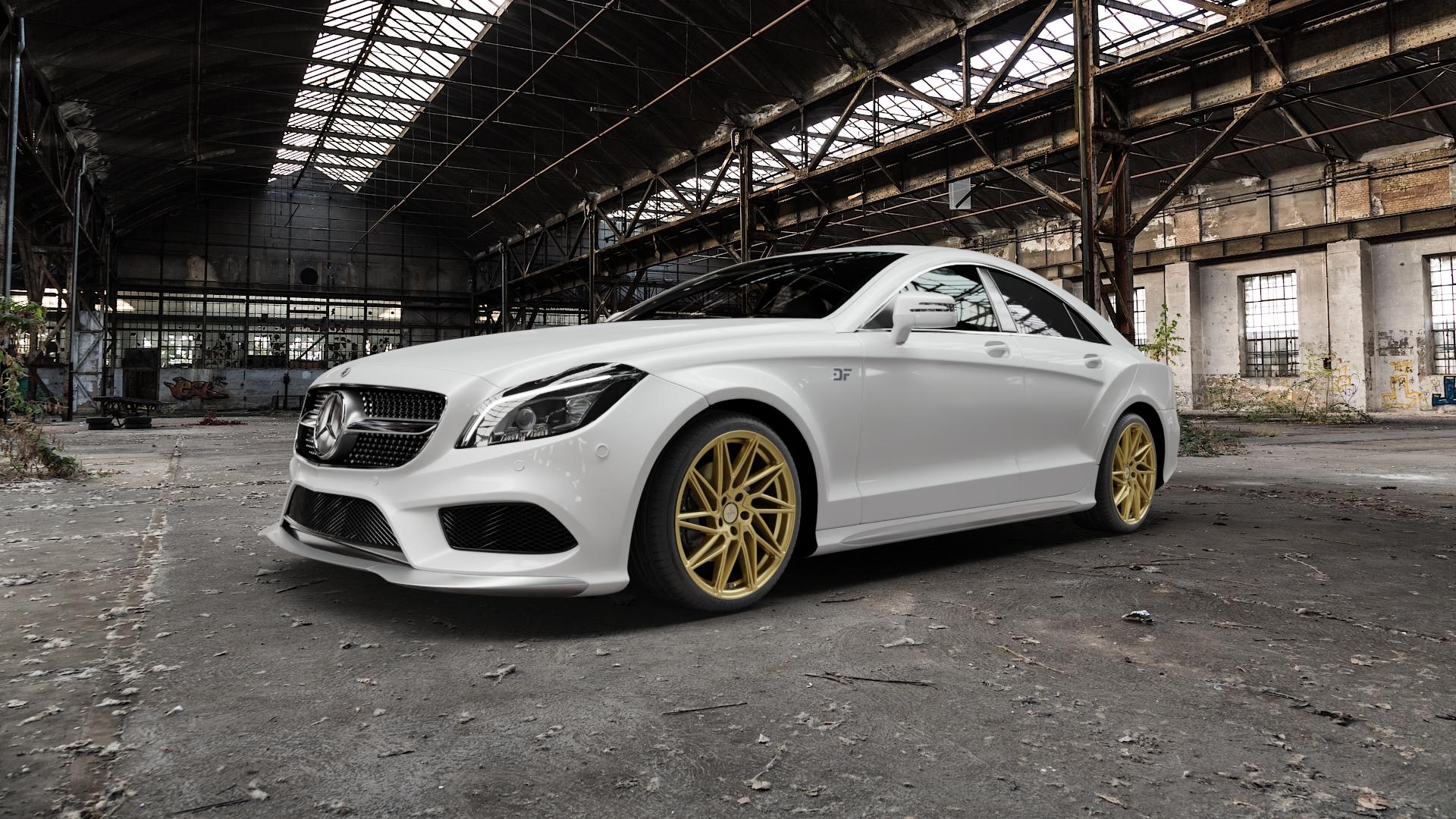 KESKIN KT20 GOLD Felge mit Reifen in 19Zoll Winterfelge Alufelge auf weissem Mercedes CLS Typ C218 ⬇️ mit 15mm Tieferlegung ⬇️ Old Industrial Hall_max5000mm_2022 Frontansicht_1