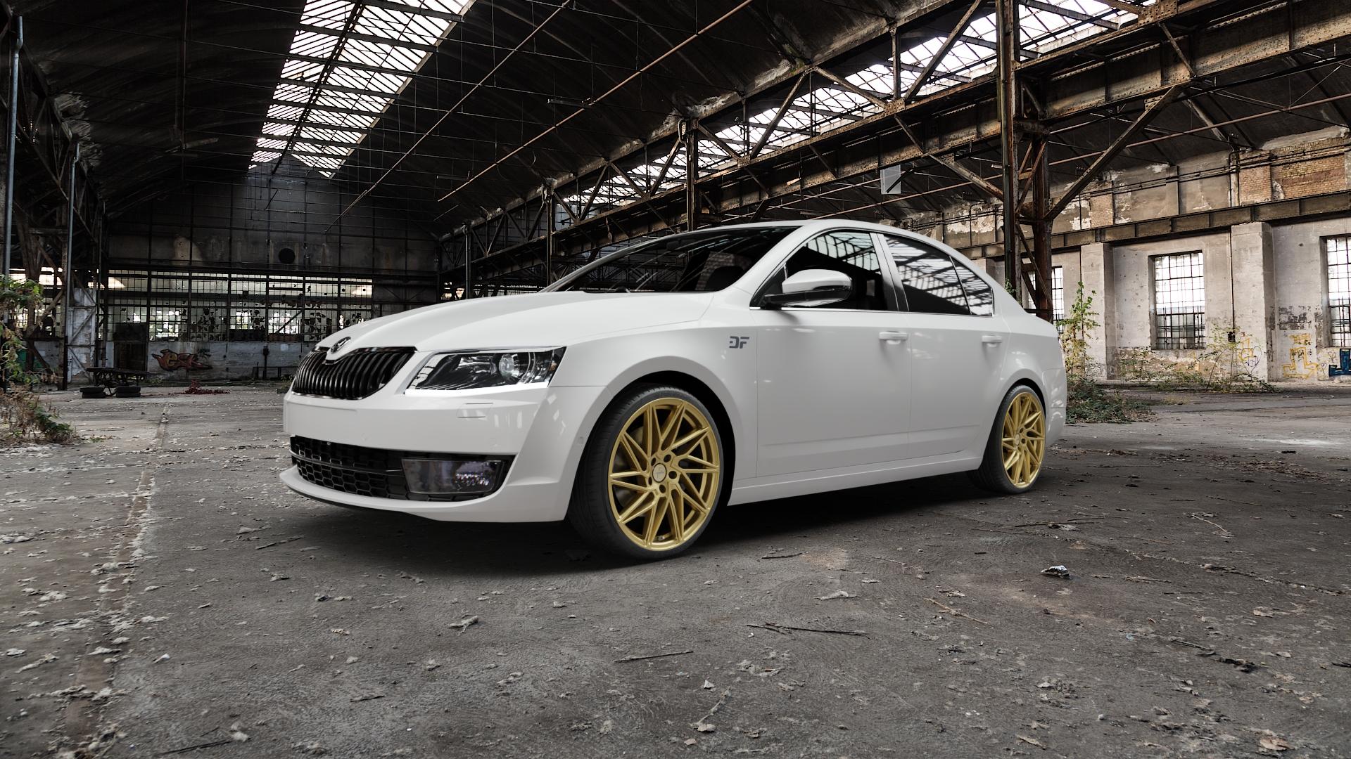 KESKIN KT20 GOLD Felge mit Reifen in 19Zoll Winterfelge Alufelge auf weissem Skoda Octavia III Limousine Typ 5E ⬇️ mit 15mm Tieferlegung ⬇️ Old Industrial Hall_max5000mm_2022 Frontansicht_1