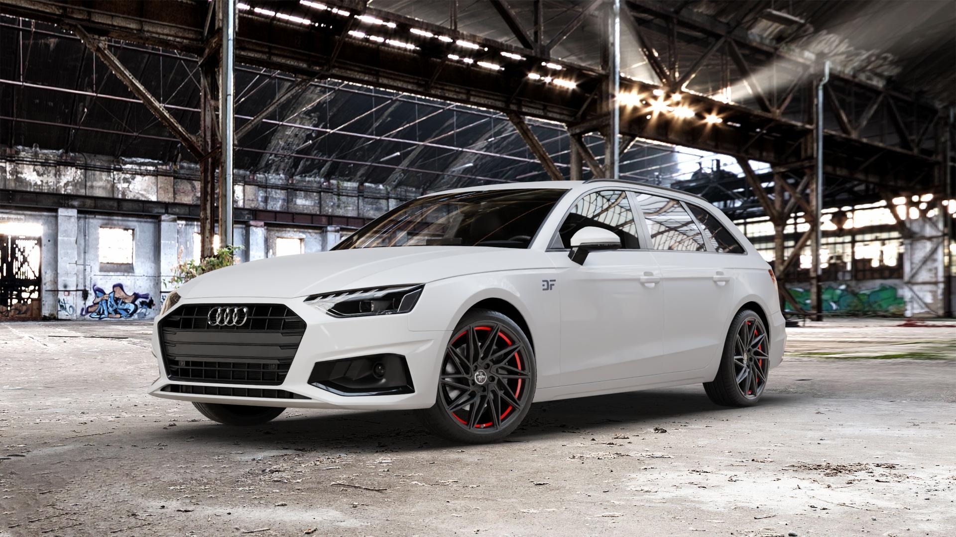 KESKIN KT20 MATT BLACK RED INSIDE Felge mit Reifen schwarz rot in 19Zoll Winterfelge Alufelge auf weissem Audi A4 Typ B9 (Avant) Facelift ⬇️ mit 15mm Tieferlegung ⬇️ Old Industrial Hall_max_5300mm_2024 Frontansicht_1