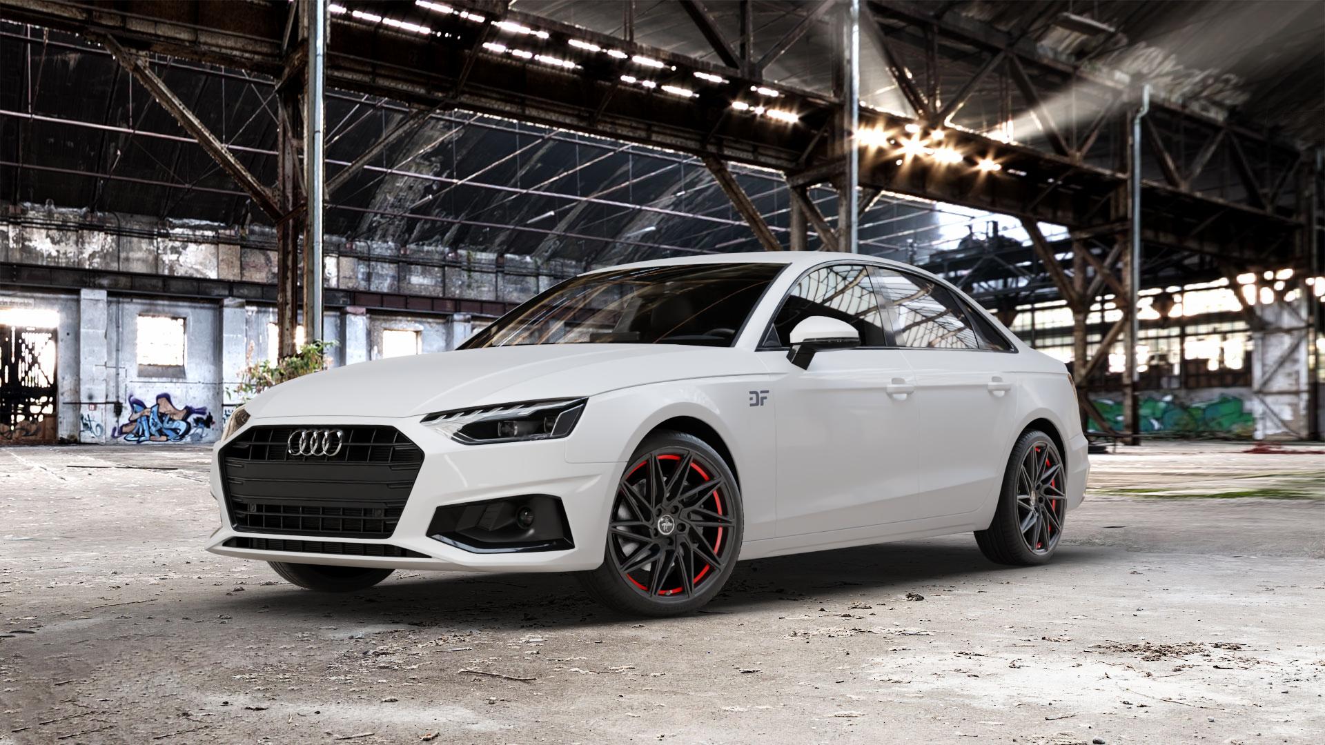 KESKIN KT20 MATT BLACK RED INSIDE Felge mit Reifen schwarz rot in 19Zoll Winterfelge Alufelge auf weissem Audi A4 Typ B9 (Limousine) Facelift ⬇️ mit 15mm Tieferlegung ⬇️ Old Industrial Hall_max_5300mm_2024 Frontansicht_1