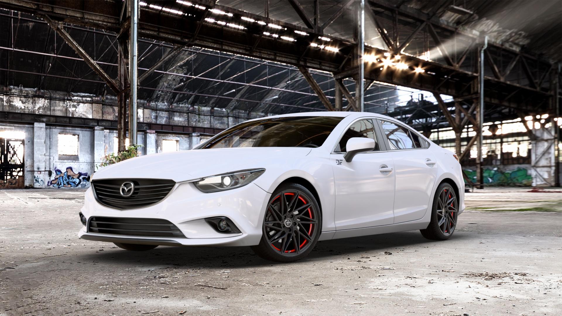 KESKIN KT20 MATT BLACK RED INSIDE Felge mit Reifen schwarz rot in 19Zoll Winterfelge Alufelge auf weissem Mazda 6 III (12-15) Limousine (GJ/GH) (15-18) (GH) Facelift (GJ) ⬇️ mit 15mm Tieferlegung ⬇️ Old Industrial Hall_max_5300mm_2024 Frontansicht_1