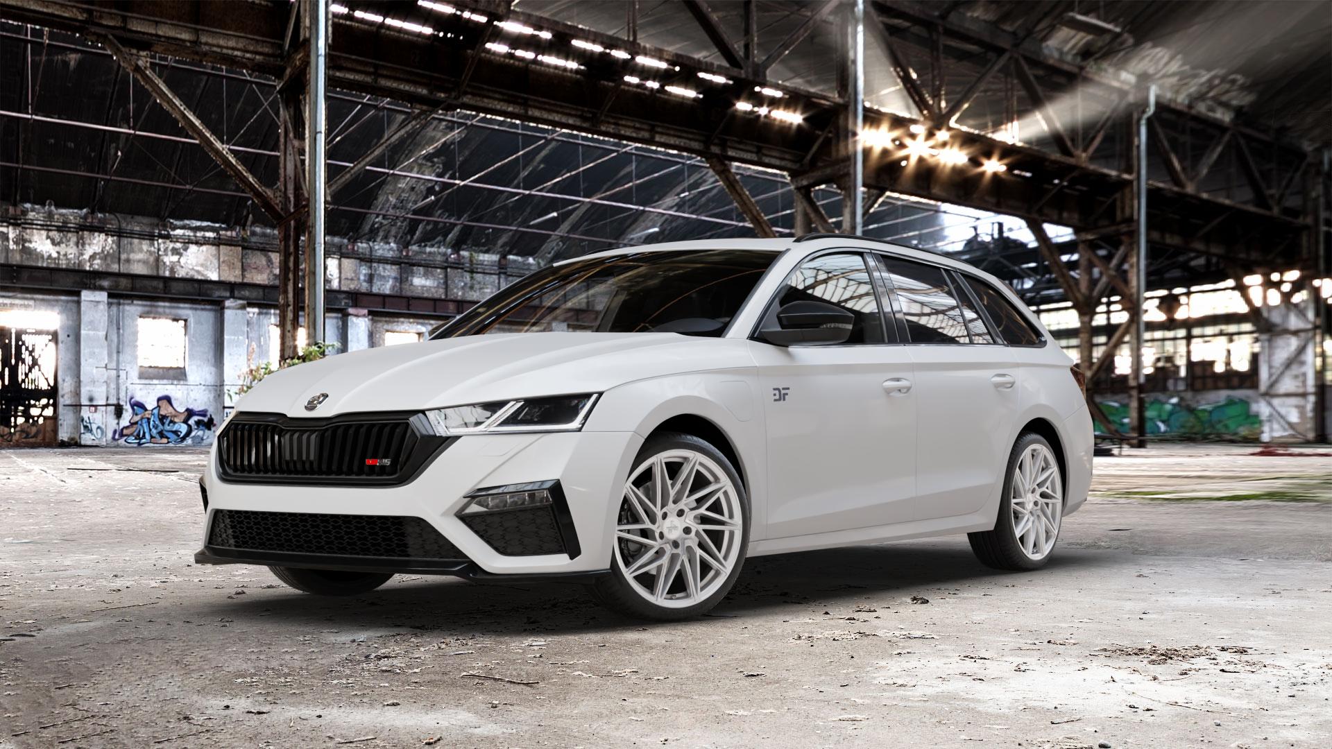 KESKIN KT20 SILVER FRONT POLISH Felge mit Reifen silber in 19Zoll Winterfelge Alufelge auf weissem Skoda Octavia IV Kombi Typ NX 2,0l TDI 4x4 147kW (200 PS) 1,4l TSI 110kW Hybrid RS (150 180kW (245 ⬇️ mit 15mm Tieferlegung ⬇️ Old Industrial Hall_max_5300mm_2024 Frontansicht_1