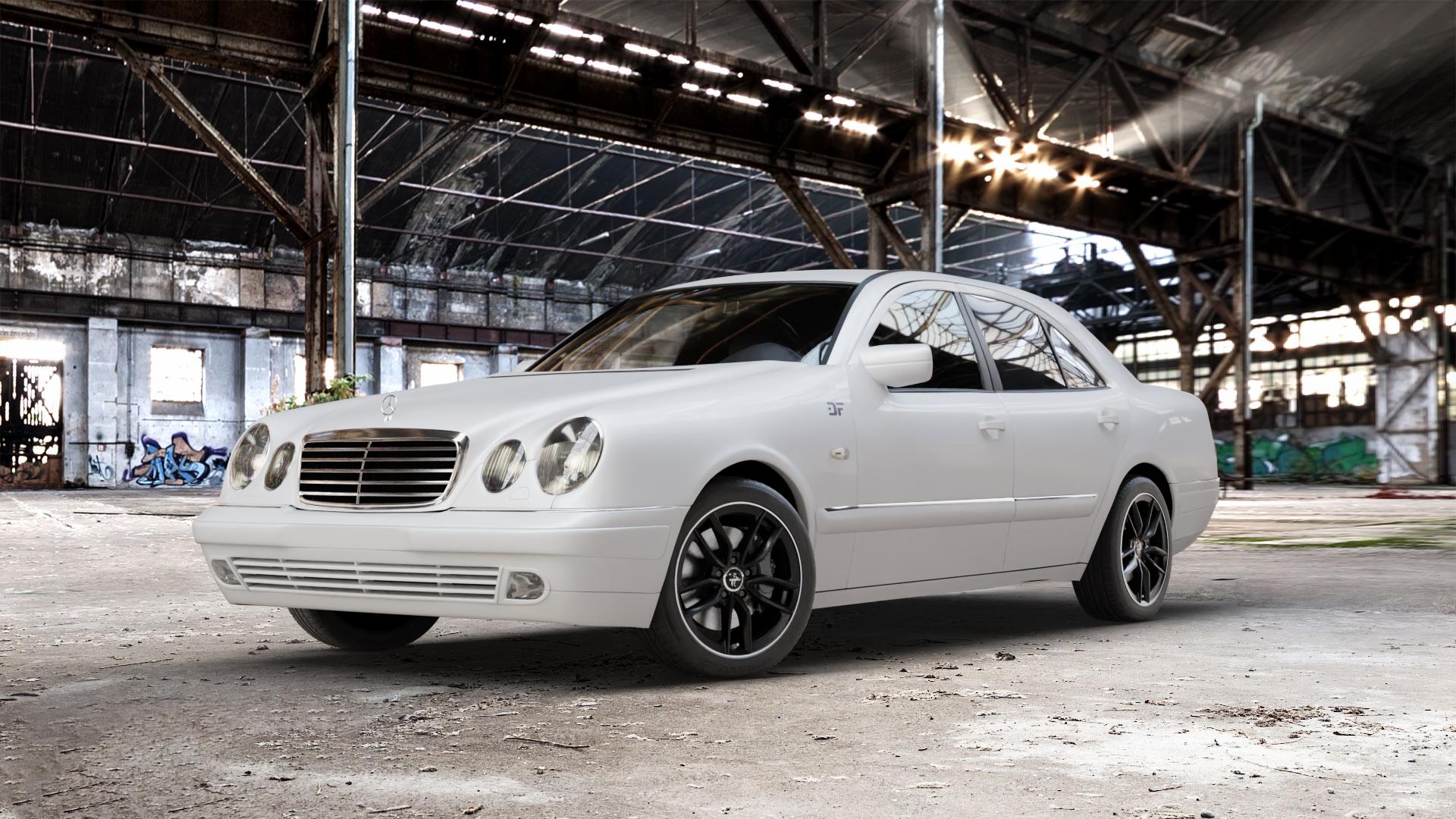 KESKIN KT21 MATT BLACK LIP POLISH Felge mit Reifen silber schwarz mehrfarbig in 17Zoll Winterfelge Alufelge auf weissem Mercedes E-Klasse Typ W210 Limousine ⬇️ mit 15mm Tieferlegung ⬇️ Old Industrial Hall_max_5300mm_2024 Frontansicht_1
