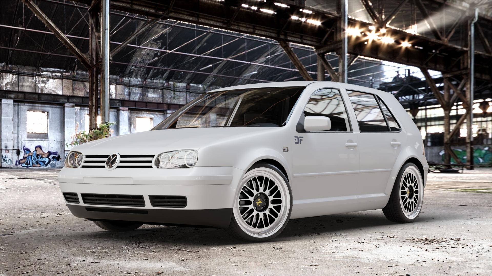 KESKIN KT22 BLACK FRONT POLISH Felge mit Reifen silber schwarz mehrfarbig in 19Zoll Winterfelge Alufelge auf weissem Volkswagen (VW) Golf 4 Cabrio Variant ⬇️ mit 15mm Tieferlegung ⬇️ Old Industrial Hall_max_4400mm_2024 Frontansicht_1
