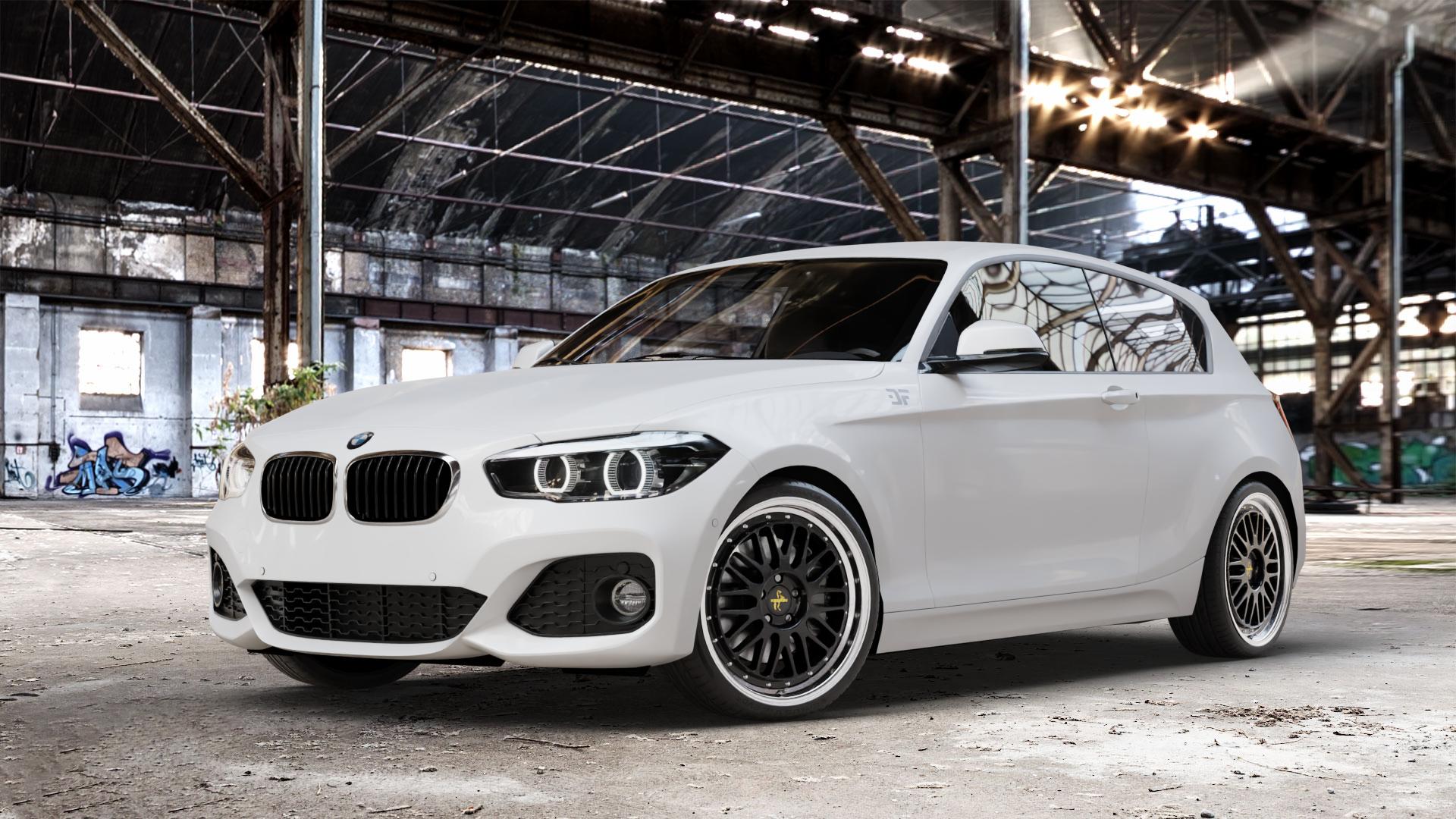 KESKIN KT22 BLACK LIP POLISH Felge mit Reifen schwarz in 19Zoll Winterfelge Alufelge auf weissem BMW 1 M135i Typ F20 F21 xDrive M140i Facelift 1er Fünftürer (1K4) ⬇️ mit 15mm Tieferlegung ⬇️ Old Industrial Hall_max_4400mm_2024 Frontansicht_1