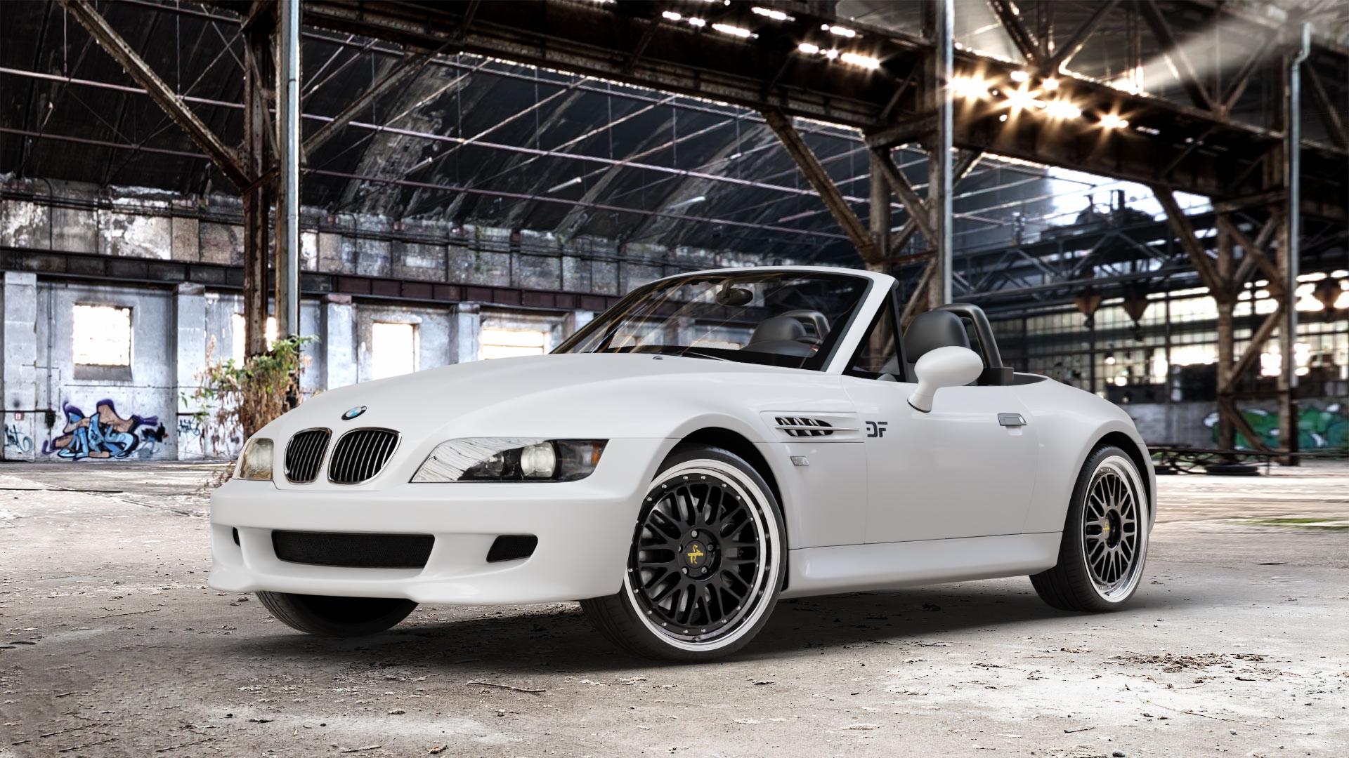 KESKIN KT22 BLACK LIP POLISH Felge mit Reifen schwarz in 19Zoll Winterfelge Alufelge auf weissem BMW Z3 Roadster Typ E36/7(S) (R/C) ⬇️ mit 15mm Tieferlegung ⬇️ Old Industrial Hall_max_4400mm_2024 Frontansicht_1