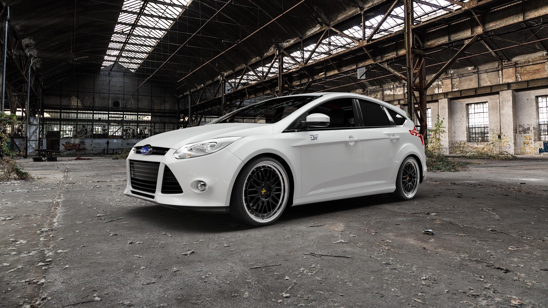 KESKIN KT22 BLACK LIP POLISH Felge mit Reifen schwarz in 19Zoll Winterfelge Alufelge auf weissem Ford Focus III Typ DYB (Schrägheck) (Stufenheck) Facelift ⬇️ mit 15mm Tieferlegung ⬇️ Old Industrial Hall_max5000mm_2022 Frontansicht_1