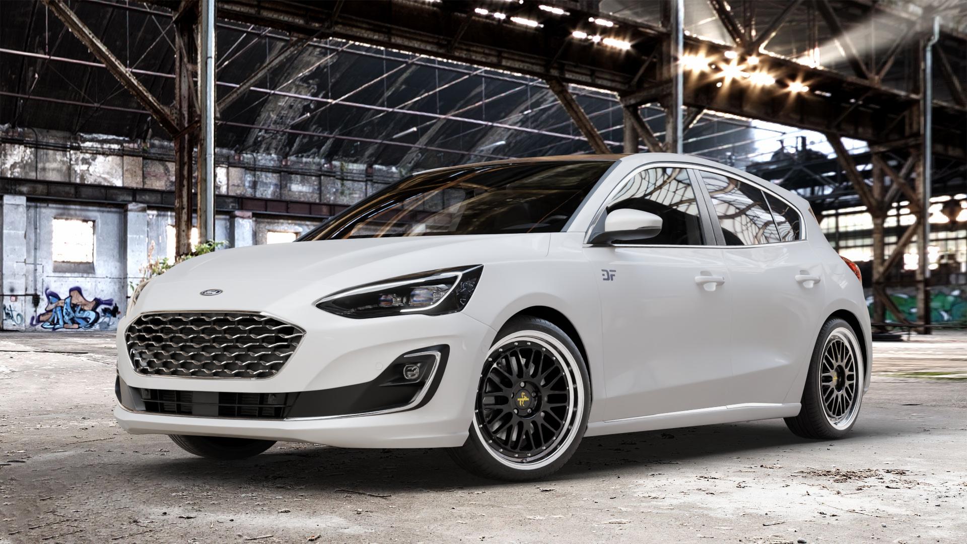 KESKIN KT22 BLACK LIP POLISH Felge mit Reifen schwarz in 19Zoll Winterfelge Alufelge auf weissem Ford Focus IV Typ DEH (Schrägheck) ⬇️ mit 15mm Tieferlegung ⬇️ Old Industrial Hall_max_4400mm_2024 Frontansicht_1