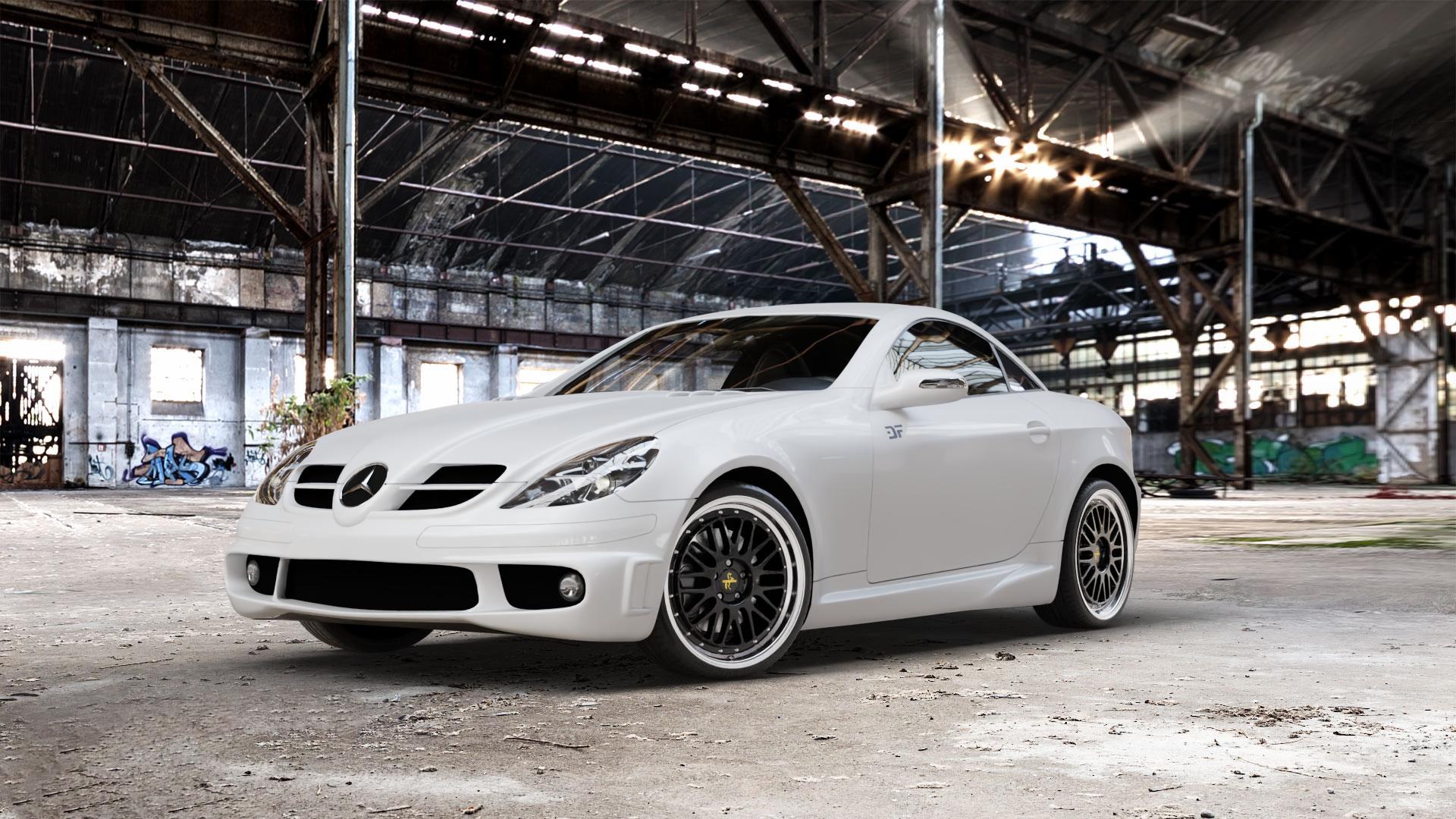 KESKIN KT22 BLACK LIP POLISH Felge mit Reifen schwarz in 19Zoll Winterfelge Alufelge auf weissem Mercedes SLK Typ R171 ⬇️ mit 15mm Tieferlegung ⬇️ Old Industrial Hall_max_5300mm_2024 Frontansicht_1