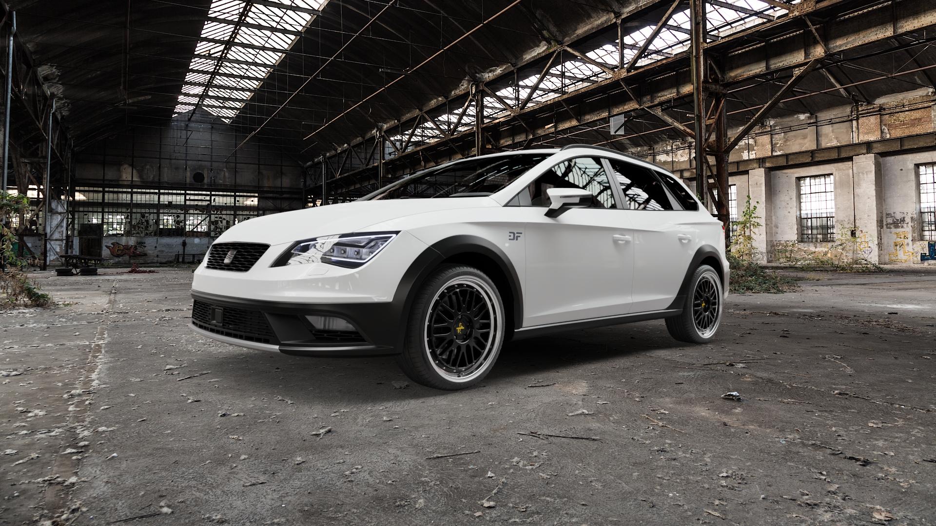 KESKIN KT22 BLACK LIP POLISH Felge mit Reifen schwarz in 19Zoll Winterfelge Alufelge auf weissem Seat Leon Typ 5F X-Perience ⬇️ mit 15mm Tieferlegung ⬇️ Old Industrial Hall_max5000mm_2022 Frontansicht_1