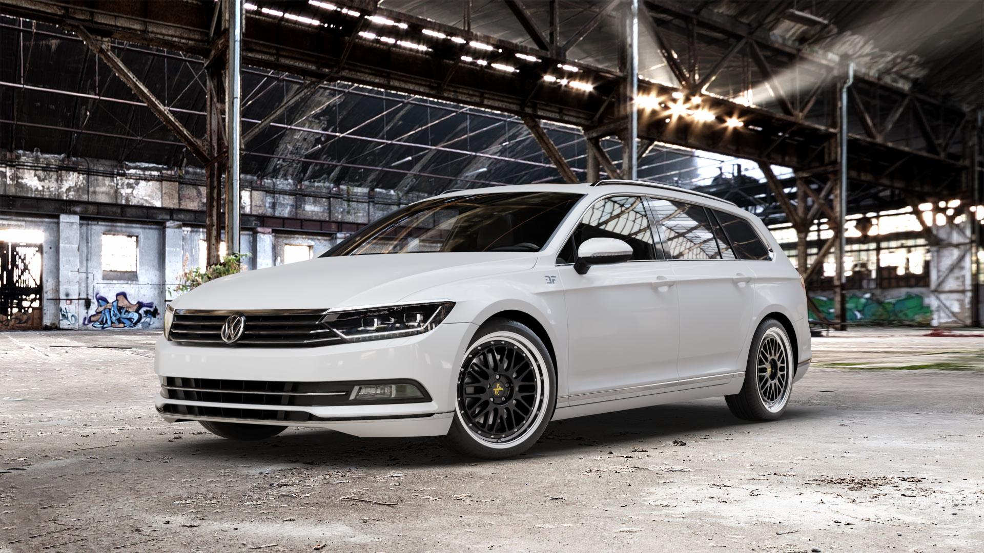 KESKIN KT22 BLACK LIP POLISH Felge mit Reifen schwarz in 19Zoll Winterfelge Alufelge auf weissem Volkswagen (VW) Passat 3C/B8 Limousine Variant ⬇️ mit 15mm Tieferlegung ⬇️ Old Industrial Hall_max_5300mm_2024 Frontansicht_1
