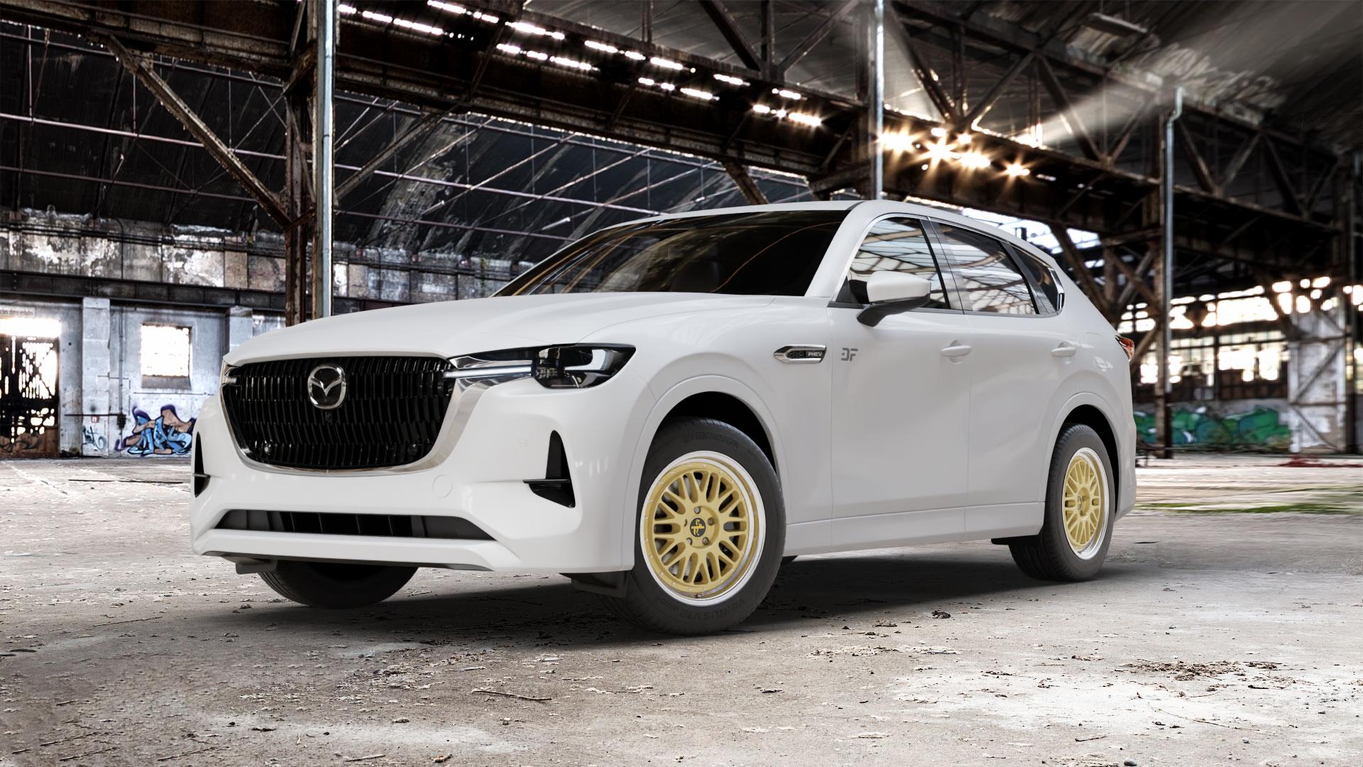 KESKIN KT22 GOLD LIP POLISH Felge mit Reifen silber mehrfarbig in 18Zoll Winterfelge Alufelge auf weissem Mazda CX-60 Typ KH01 ⬇️ mit 15mm Tieferlegung ⬇️ Old Industrial Hall_max_5300mm_2024 Frontansicht_1