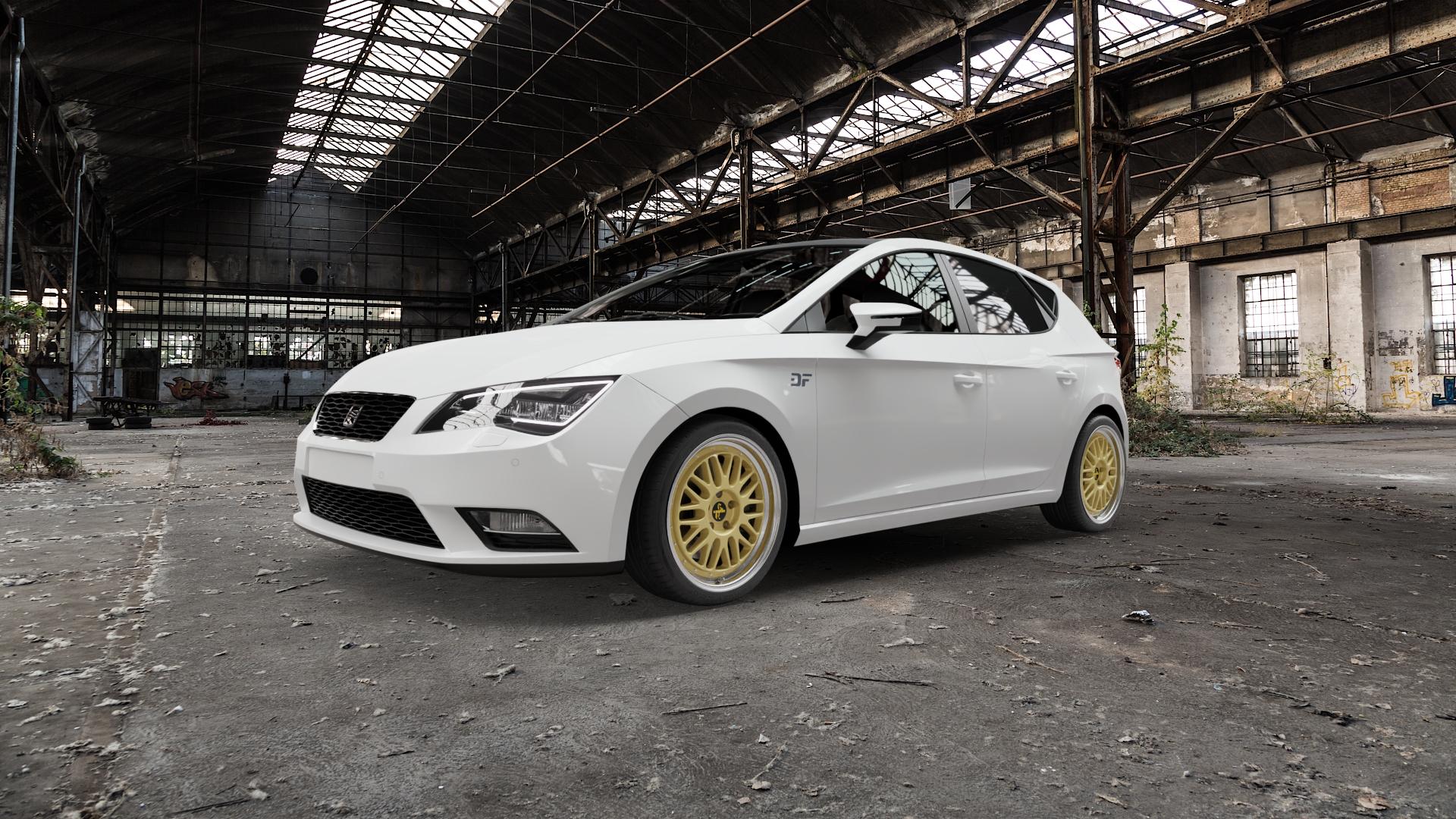 KESKIN KT22 GOLD LIP POLISH Felge mit Reifen silber mehrfarbig in 18Zoll Winterfelge Alufelge auf weissem Seat Leon Typ 5F ⬇️ mit 15mm Tieferlegung ⬇️ Old Industrial Hall_max5000mm_2022 Frontansicht_1