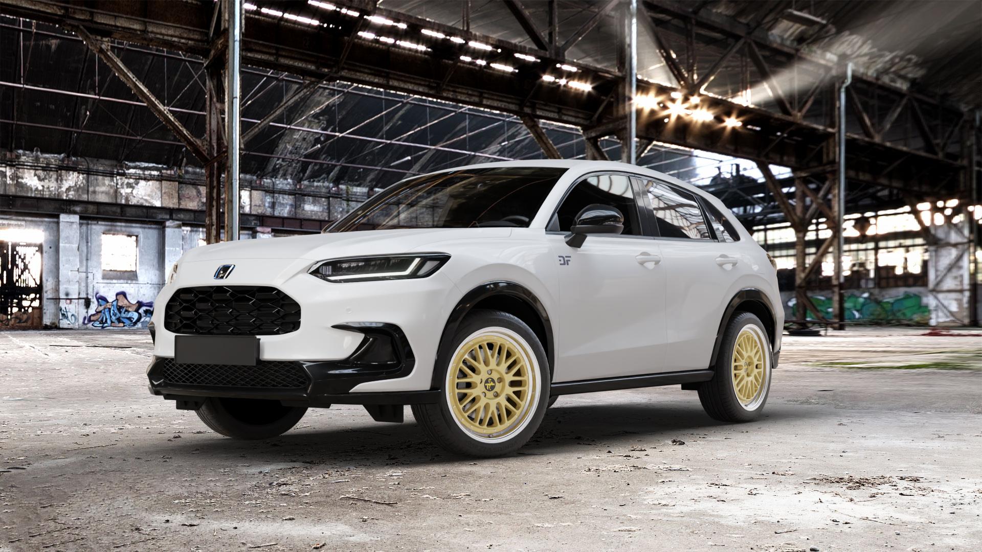 KESKIN KT22 GOLD LIP POLISH Felge mit Reifen silber mehrfarbig in 19Zoll Winterfelge Alufelge auf weissem Honda ZR-V Typ RZ ⬇️ mit 15mm Tieferlegung ⬇️ Old Industrial Hall_max_5300mm_2024 Frontansicht_1