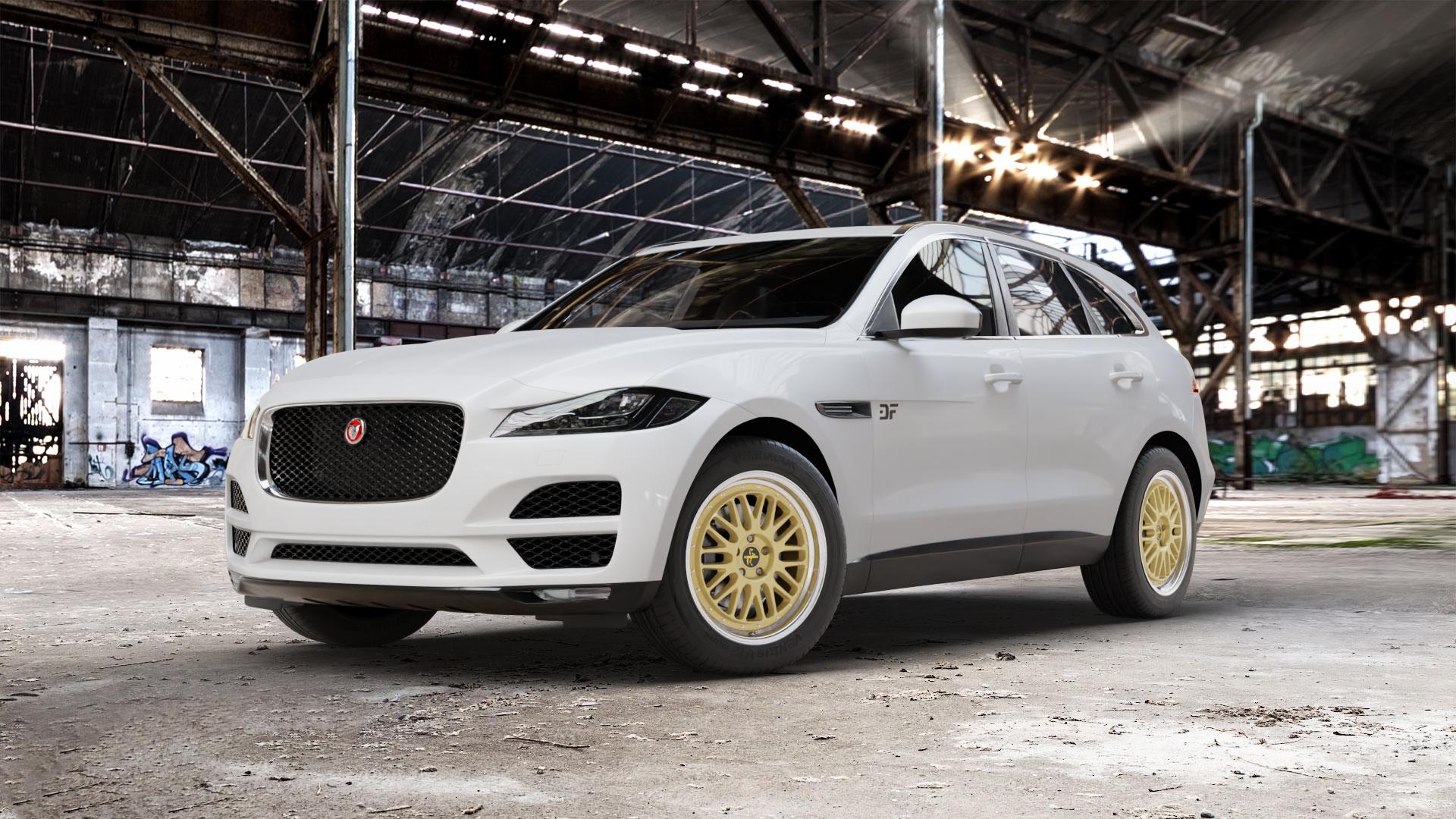 KESKIN KT22 GOLD LIP POLISH Felge mit Reifen silber mehrfarbig in 19Zoll Winterfelge Alufelge auf weissem Jaguar F-Pace Typ DC ⬇️ mit 15mm Tieferlegung ⬇️ Old Industrial Hall_max_5300mm_2024 Frontansicht_1