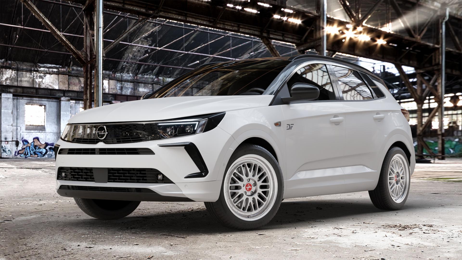 KESKIN KT22 HIGH GLOSS Felge mit Reifen silber in 19Zoll Winterfelge Alufelge auf weissem Opel Grandland Typ Z Facelift ⬇️ mit 15mm Tieferlegung ⬇️ Old Industrial Hall_max_4400mm_2024 Frontansicht_1