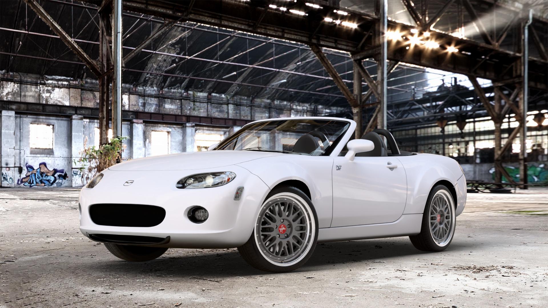 KESKIN KT22 TITAN GREY LIP POLISH Felge mit Reifen grau silber mehrfarbig anthrazit in 18Zoll Winterfelge Alufelge auf weissem Mazda MX-5 III (NC) ⬇️ mit 15mm Tieferlegung ⬇️ Old Industrial Hall_max_4400mm_2024 Frontansicht_1