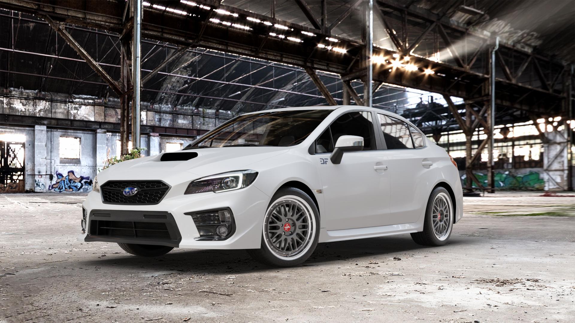 KESKIN KT22 TITAN GREY LIP POLISH Felge mit Reifen grau silber mehrfarbig anthrazit in 18Zoll Winterfelge Alufelge auf weissem Subaru WRX Typ V1 Model 2018 ⬇️ mit 15mm Tieferlegung ⬇️ Old Industrial Hall_max_5300mm_2024 Frontansicht_1