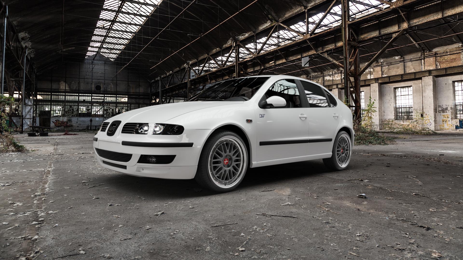 KESKIN KT22 TITAN GREY LIP POLISH Felge mit Reifen grau silber mehrfarbig anthrazit in 19Zoll Winterfelge Alufelge auf weissem Seat Leon Typ 1M ⬇️ mit 15mm Tieferlegung ⬇️ Old Industrial Hall_max5000mm_2022 Frontansicht_1
