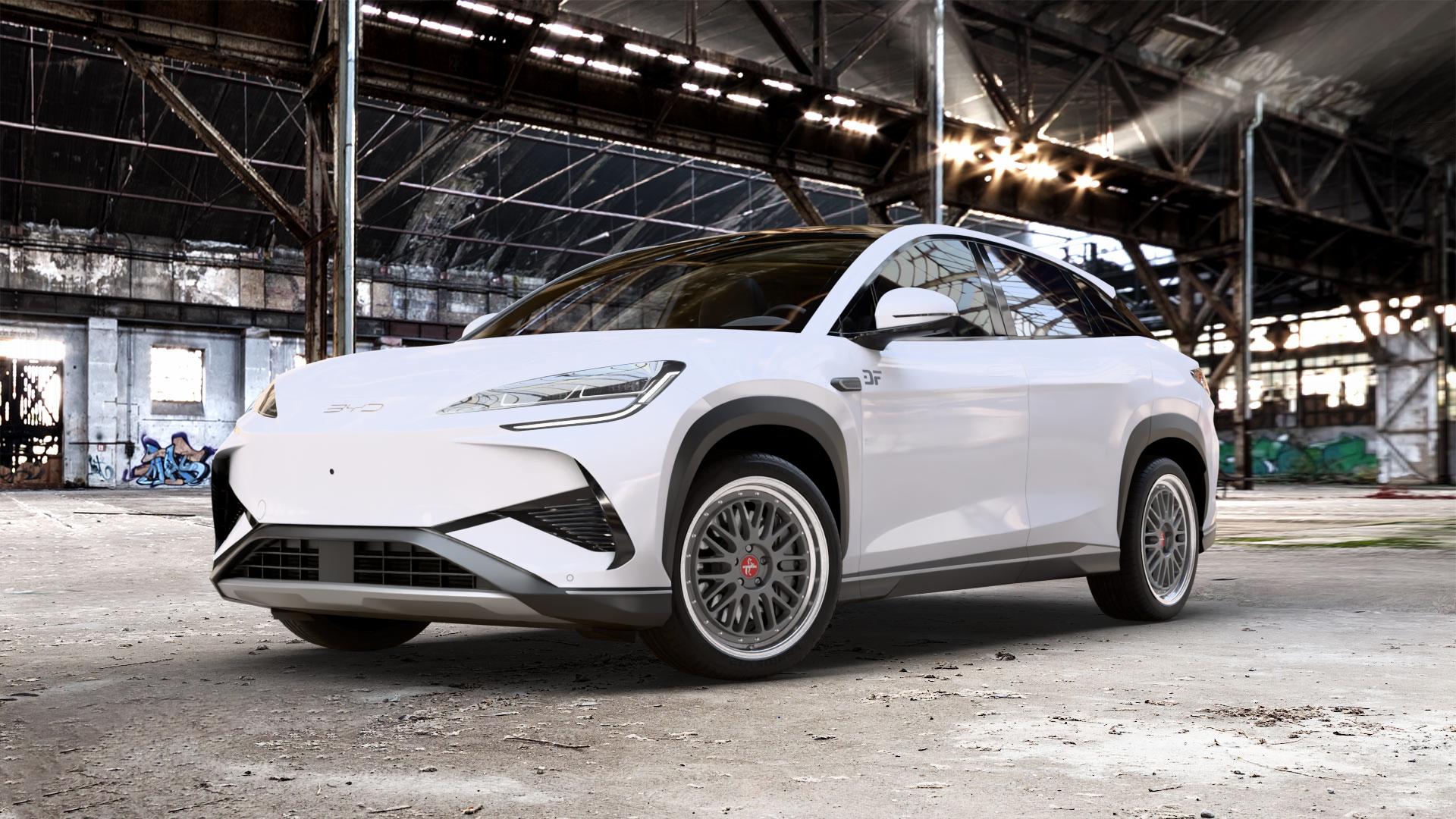 KESKIN KT22 TITAN GREY LIP POLISH Felge mit Reifen grau silber mehrfarbig anthrazit in 20Zoll Winterfelge Alufelge auf weissem BYD Sealion 7 0,0l 70kW (95 PS) AWD 145kW (197 ⬇️ mit 15mm Tieferlegung ⬇️ Old Industrial Hall_max_5300mm_2024 Frontansicht_1