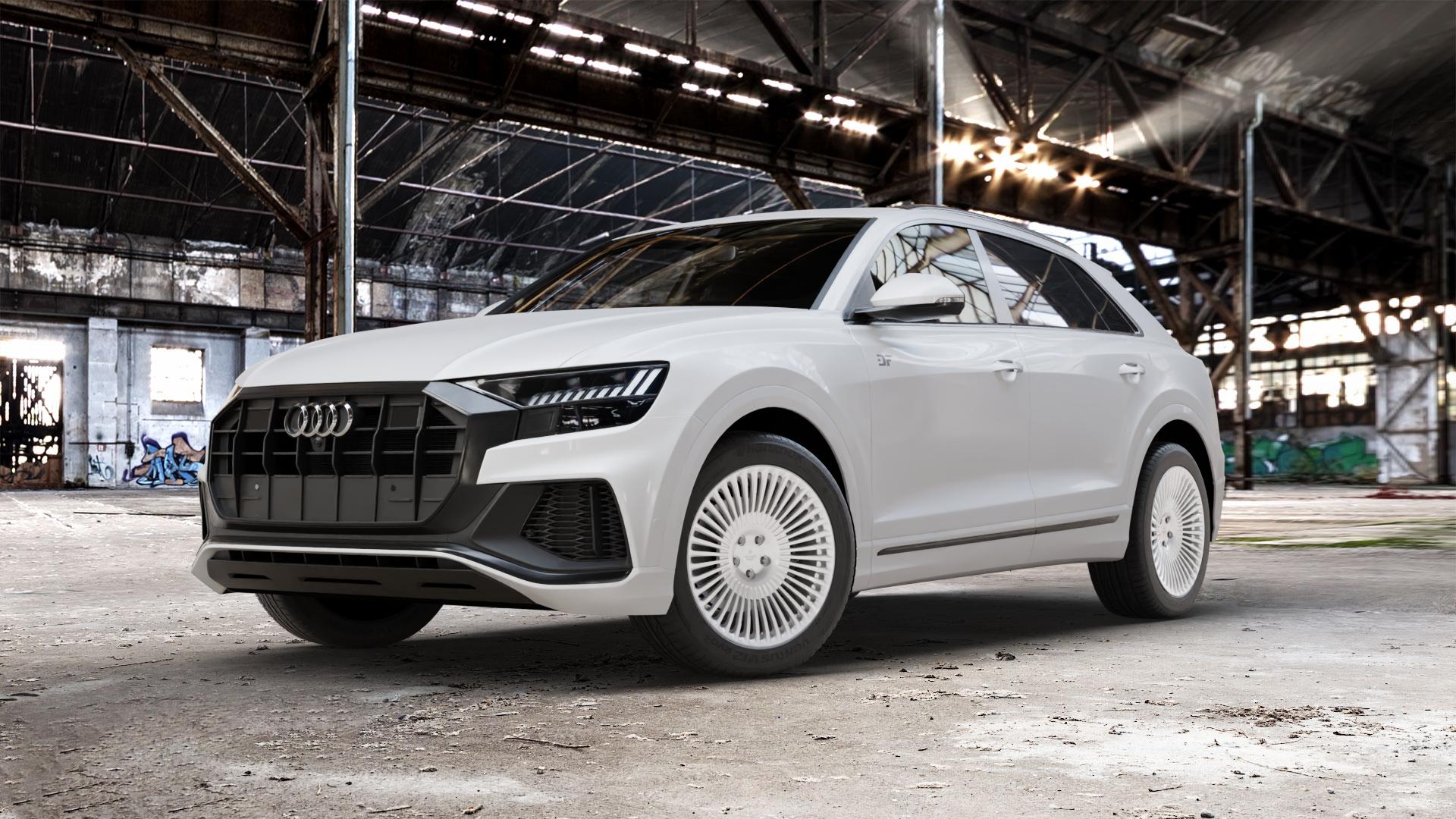 La Chanti Performance LC-F29 Brushed Silver Felge mit Reifen silber in 20Zoll Alufelge auf weissem Audi Q8 Typ 4M (4L) ⬇️ mit 15mm Tieferlegung ⬇️ Old Industrial Hall_max_5300mm_2024 Frontansicht_1